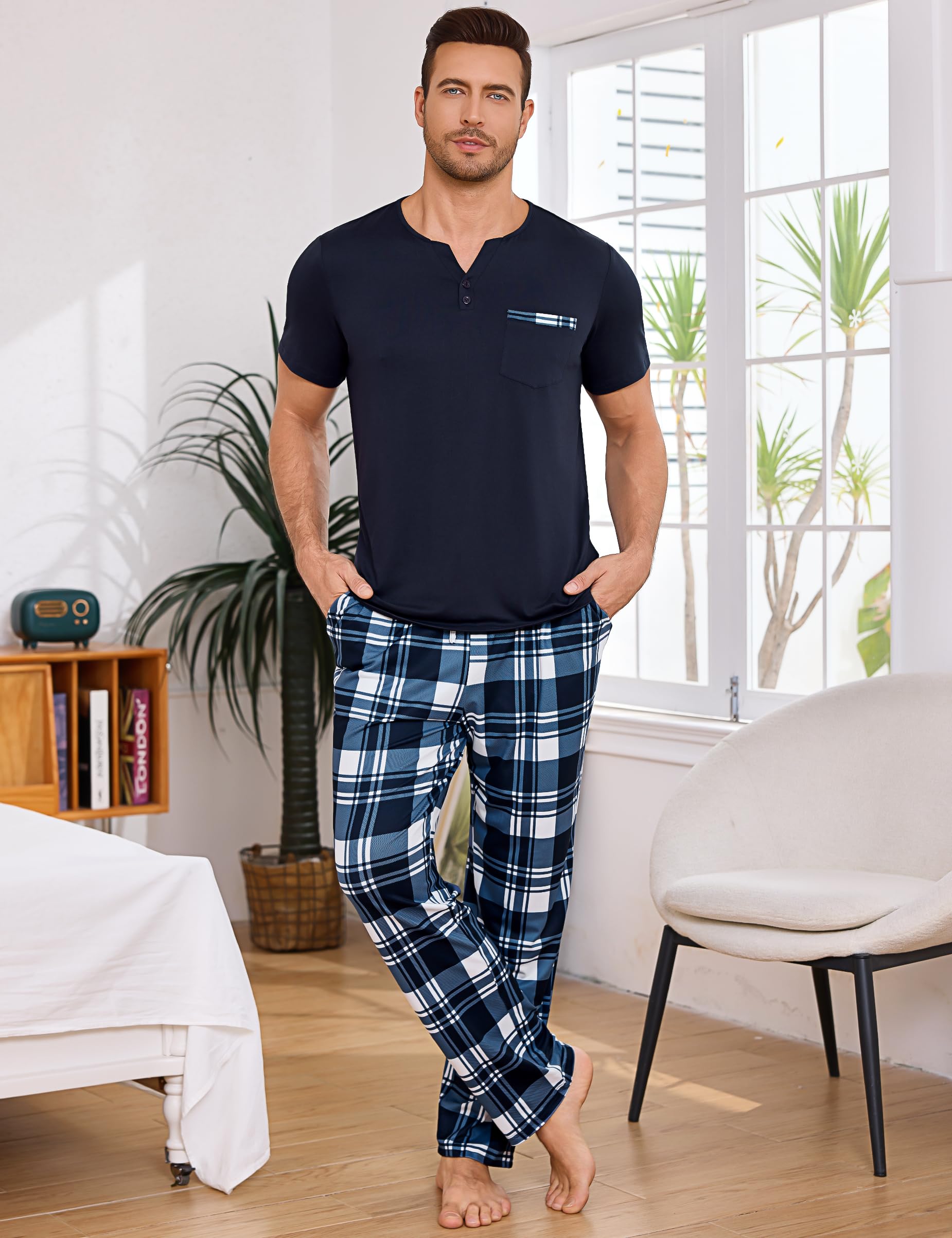 Bresdk Schlafanzug Herren Lang Pyjama Set Baumwolle Warm Zweiteilige Kariert Nachtwäsche mit Kurzarm Oberteil und Lange Pyjamahose