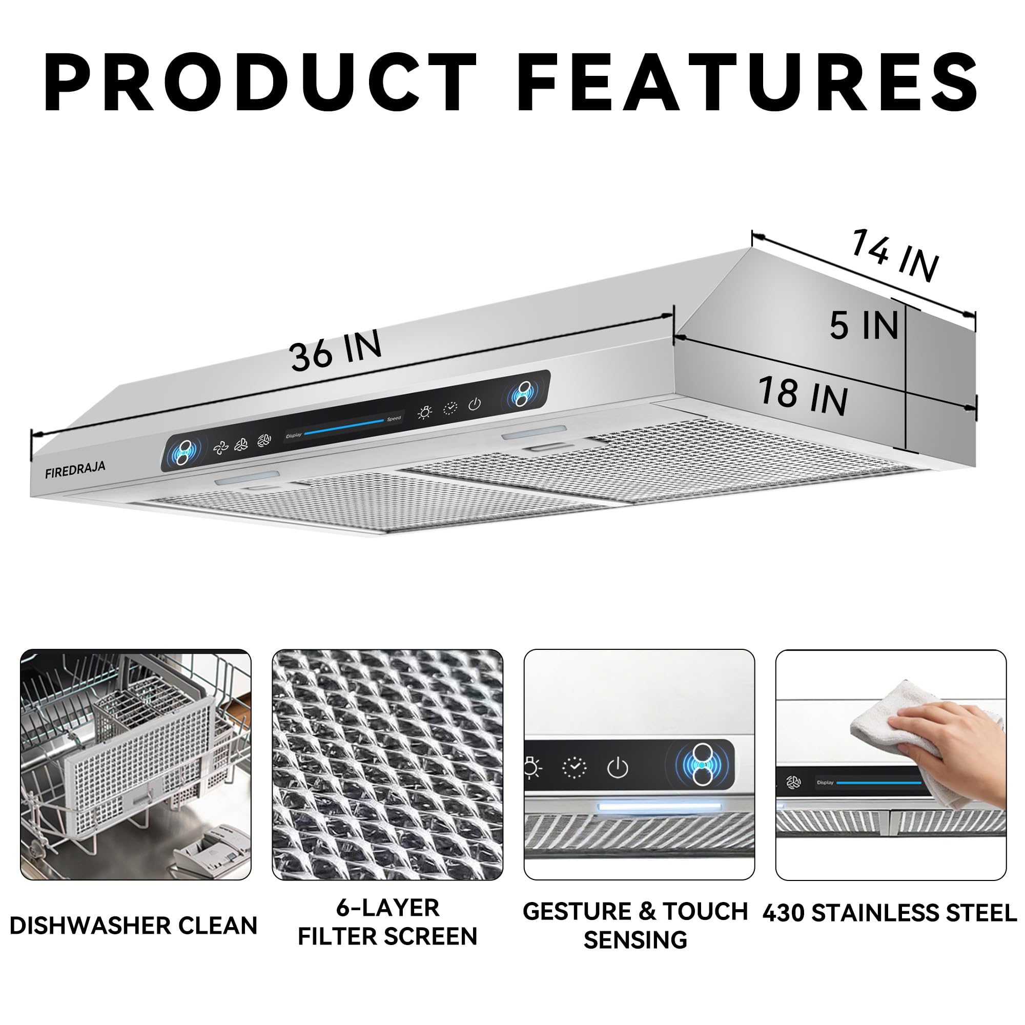 36 Inch Under Cabinet Range Hood, 700 CFM Kitchen Vent Hood with Touch & Gesture Control, 3-Speed Quiet Operation, Stainless Steel with LED Lights, Ducted/Ductless - 3