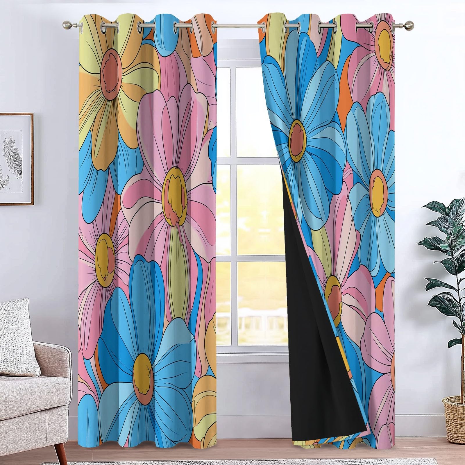 Thermovorhang Kälteschutz Pink Blue Retro Mode Blumenmuster, Blickdichte Gardinen mit Ösen für Schlafzimmer, Verdunklungsvorhänge 2er Set, H 260 x B 140 cm