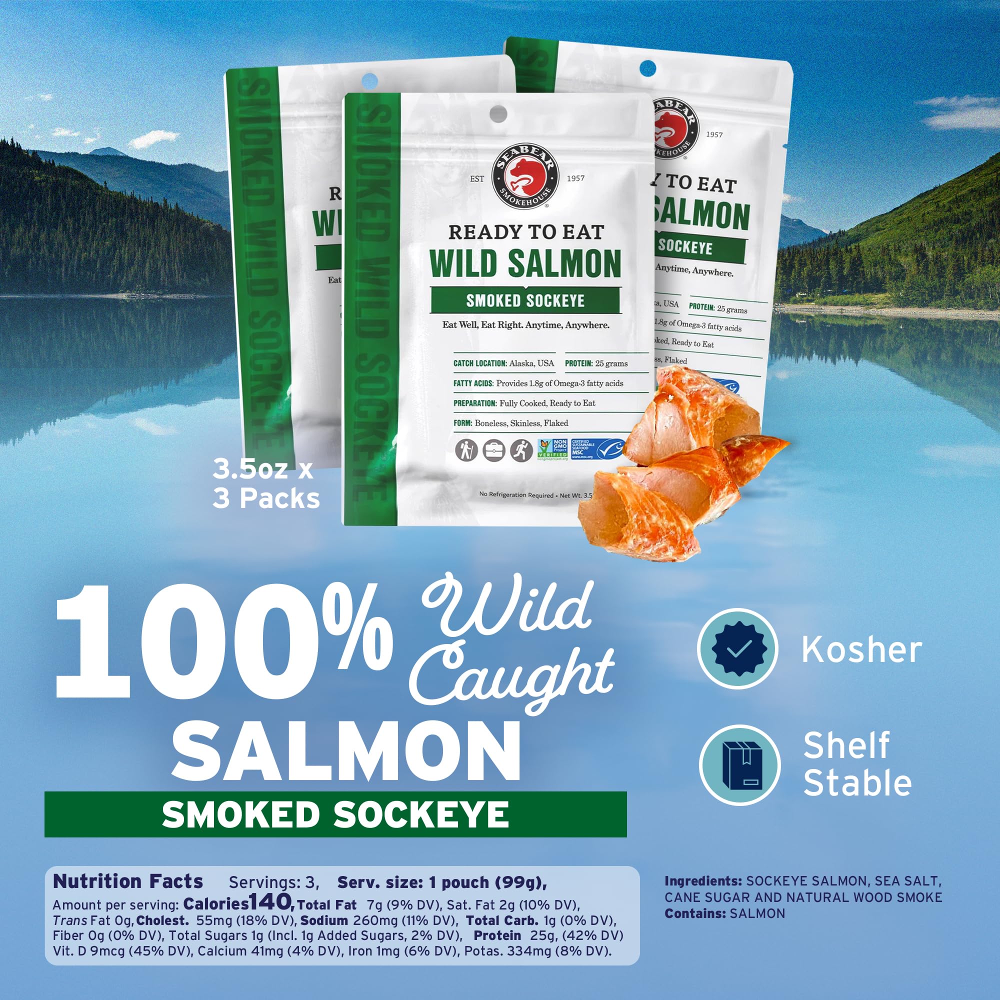 SeaBear Ready to Eat Smoked Wild Sockeye Salmon 3-Pack Wild-Caught Salmon, Fully Cooked in Gold Seal Pouch, No Refrigeration Needed, Shelf-Stable Gourmet Meal or Snack, 3.5 oz (Pack of 3)