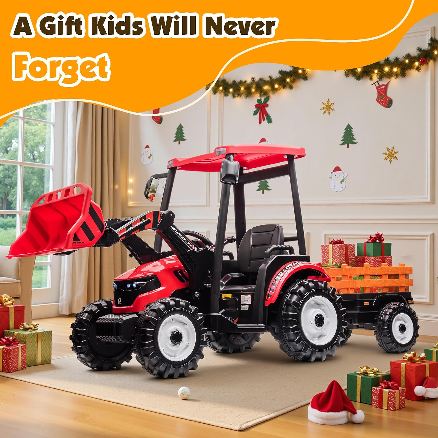 Albott 24V Ride on Tractor for Kids with Trailer & Front Loader, 3-in-1 Electric Construction Vehicle, Dual Motors, All-Terrain Wheels, LED Lights, Outdoor Gift for Boys Girls Ages 3-8 (Red)
