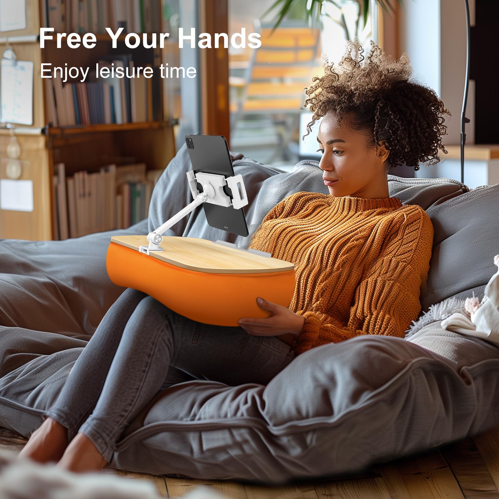 ERGONOV Lap Beanbag Soporte de almohada Kindle, soporte ajustable de 360° para tablet para cama con brazo de eje flexible, soporte de teléfono para tableta para trabajar/ajuste agradable para iPhone,
