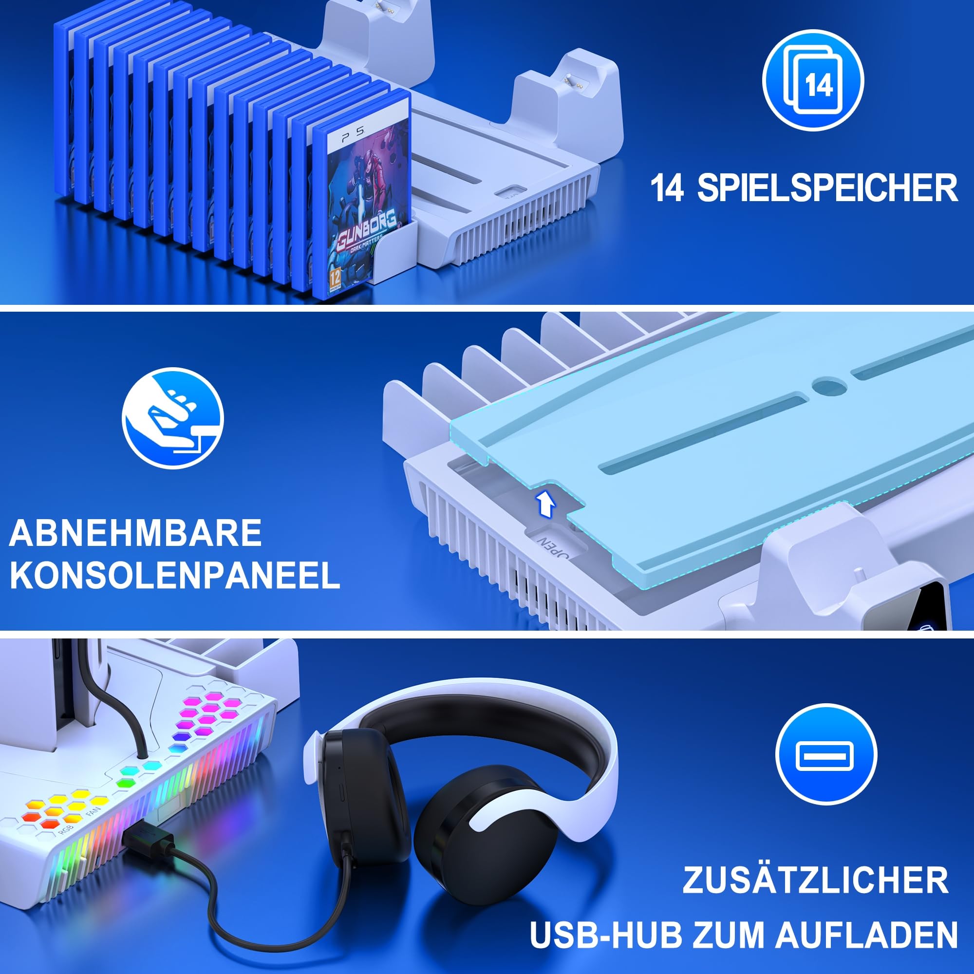 PS5 Ständer für PS5 Slim Konsole Neu, PS5 Standfuß mit 3-Stufig Kühler Lüfter Schnelle Abkühlung/PS5 Controller Ladestation/14 Spiele Aufbewahrung, PS5 Ständer für PS5 Slim Disc & Digital Konsole