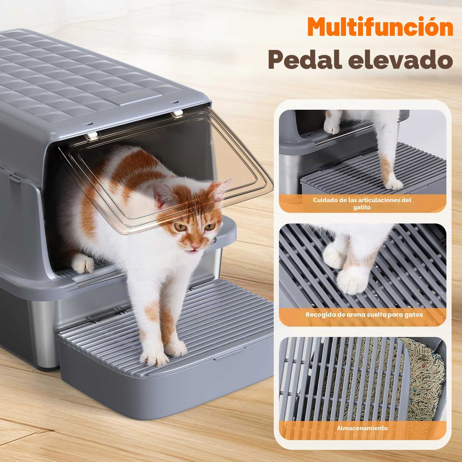 Rywell Arenero Gato Acero Inoxidable XXL, Tapa 120° para una Limpieza Fácil, Caja de Arena Cubierto, 3 en 1 Arenero Gato Bordes Altos con Pala