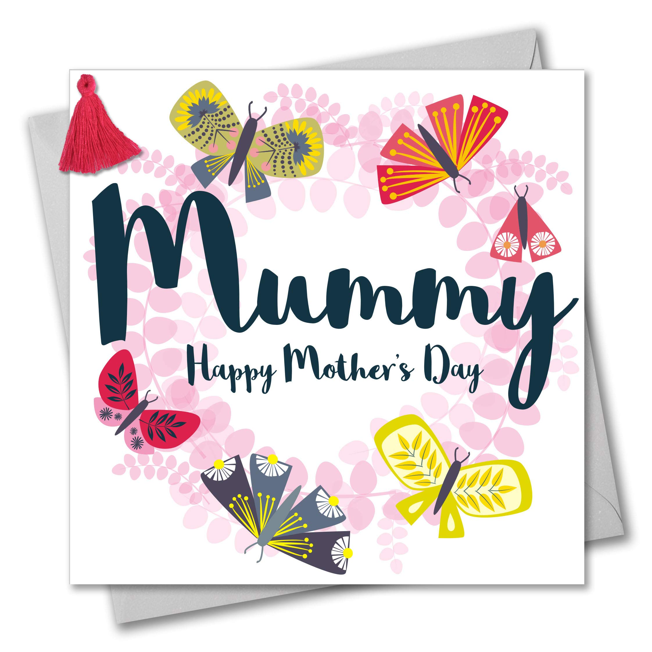 Claire Giles Greeting Cards, Happy Mother's Day Mummy Card, Butterfly Wreath Design, Mothering Sunday Greeting Card, Embellished with a Colourful Tassel