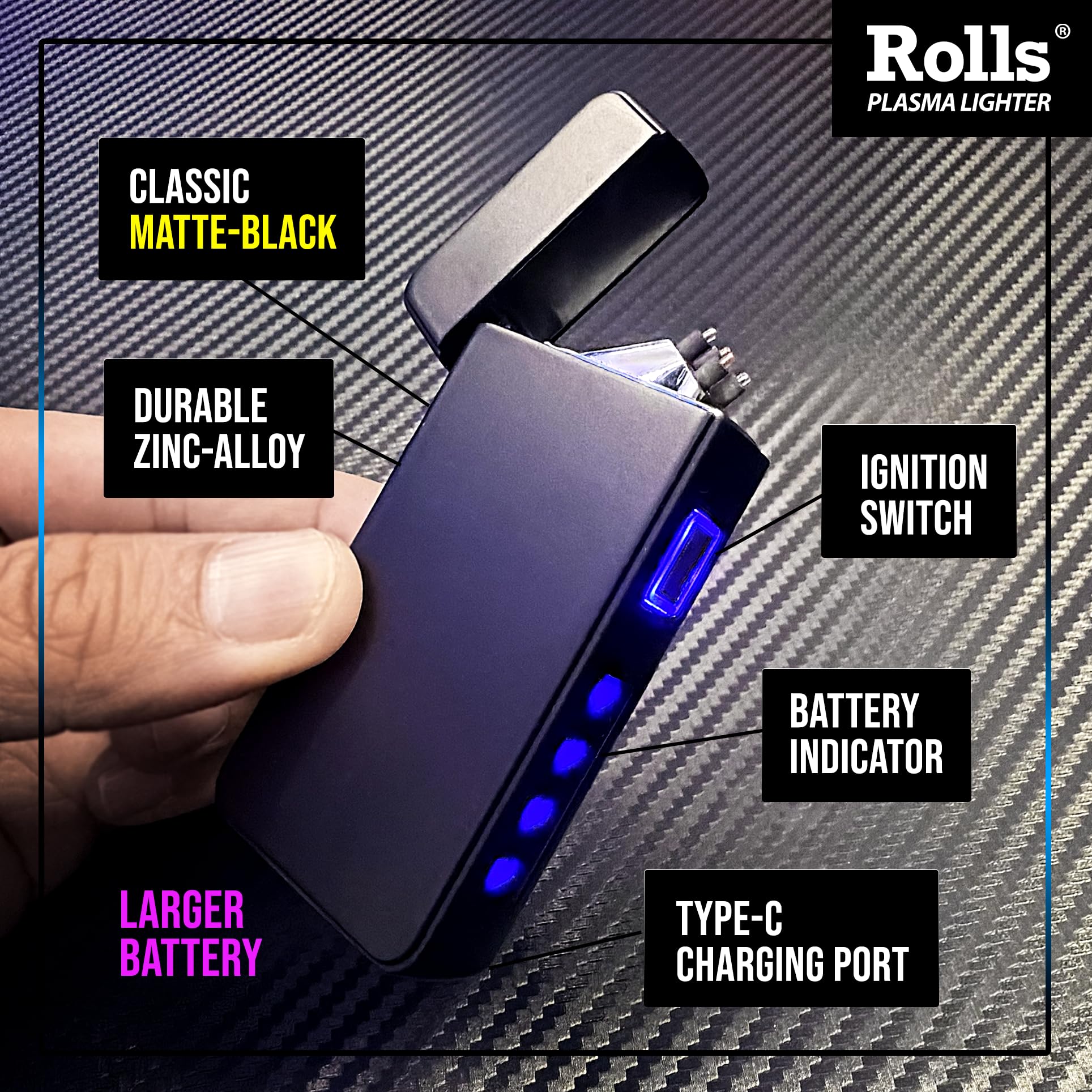 Briquet électrique Rolls – Cadeaux pour hommes – Briquets cool – Briquets électriques rechargeables – Cadeaux d'anniversaire pour hommes – (noir mat)