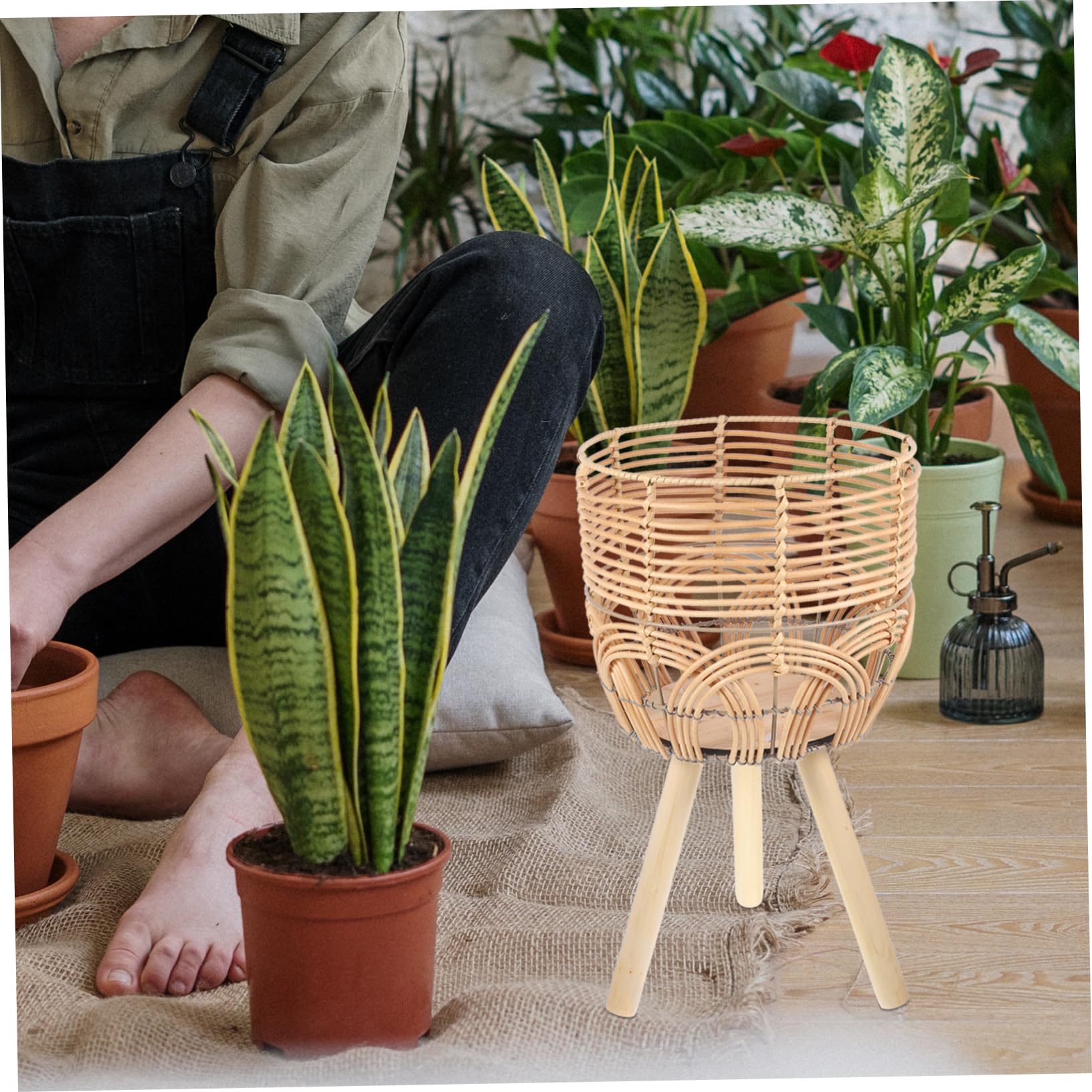 Support pour Plantes en Bambou Tressé sur Pieds, Style Rustique