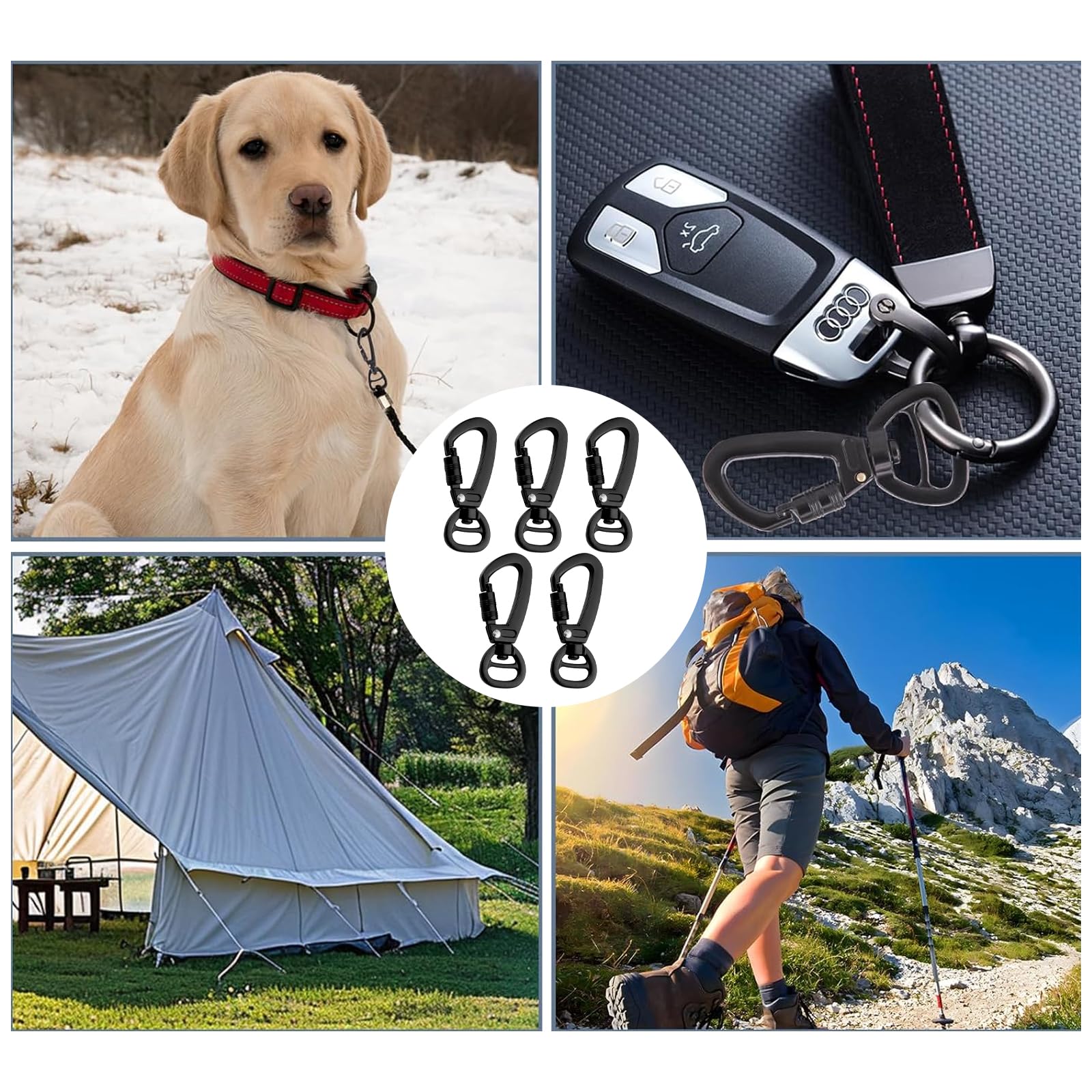 5pcs Moschettone con Girevole Nero per Cani Lino, Moschettone Verticale 360 Gradi con Girevole Portachiavi in Lega di Zinco Accessori Esterni