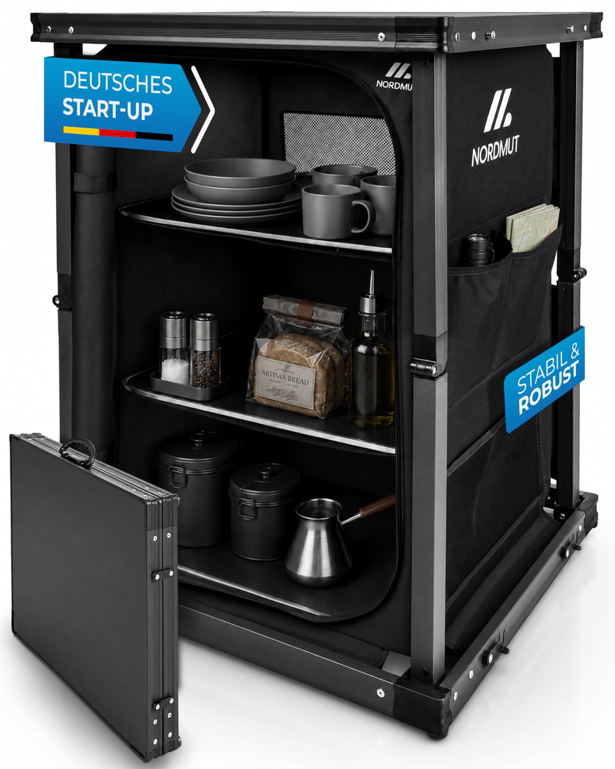 NORDMUT® Campingschrank faltbar – stabile Campingküche mit geräumigen Innenleben – leichtes Camping Regal klappbar für einfachen Transport