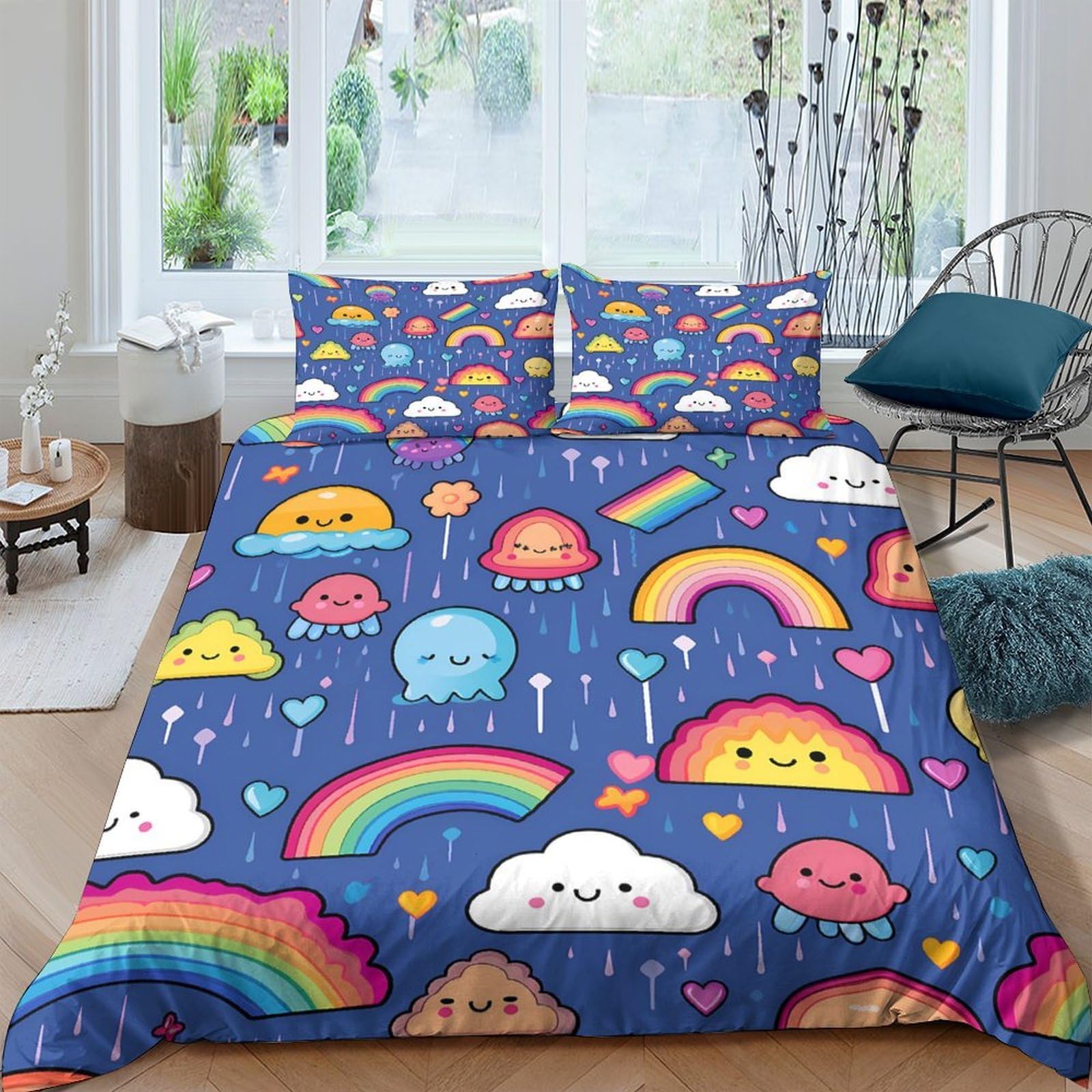 Ctjqhvkz Style-9 3D Printed Cute Rainbow Cloud Fitted Sheet Microfiber Soft Decorative Cartoon Bed Cover For Bedroom Guest Room Single（135X200cm）