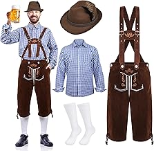 SOMSOC Men’s German Bavarian Oktoberfest Costume Set Includes Mens Lederhosen with Suspenders & Shirt & Socks and Hat