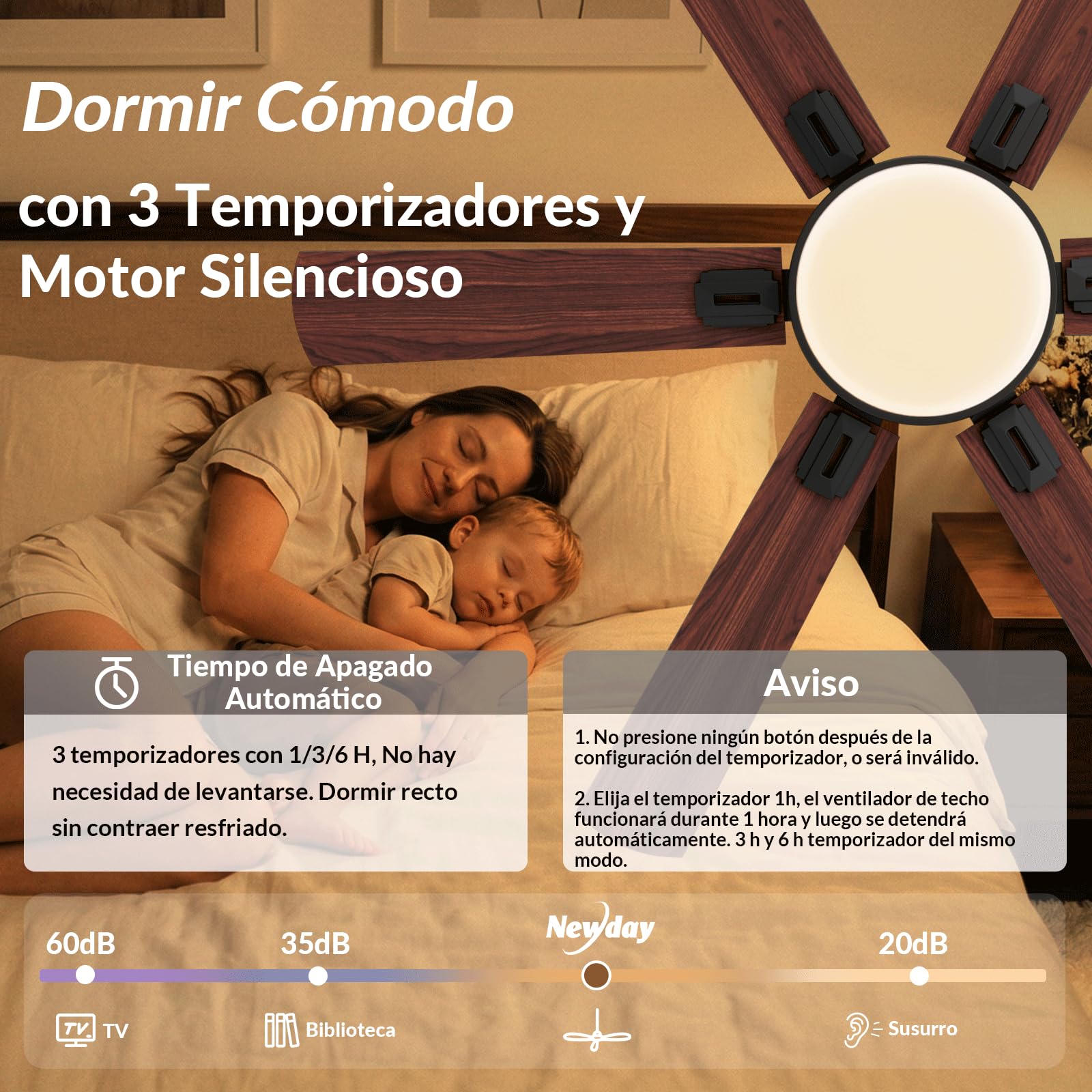 Newday 132cm Grande Ventilador Techo Madera con 6 aspas con Luz y Mando | Lampara Dimmer sin Pasos, Modo de Sueño, Función Memoria, Reversible Motor DC Silencioso, Montaje a Nivel