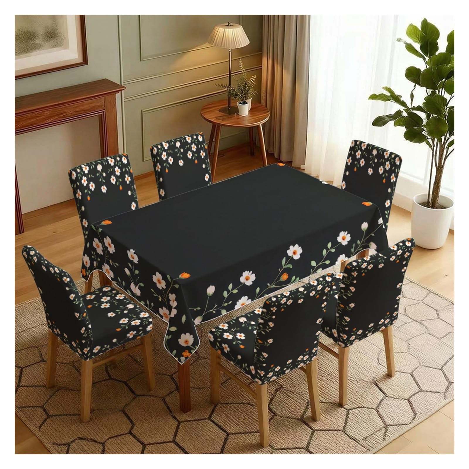 BOSUYBN Black Base White Daisy Floral Border Printed Dining Tablecloth & Chair Covers Set, 5/7 Piece Moody Minimal Cottage Home Decor Table Setting(7pcs Set: Tablecloth+Chair Covers)