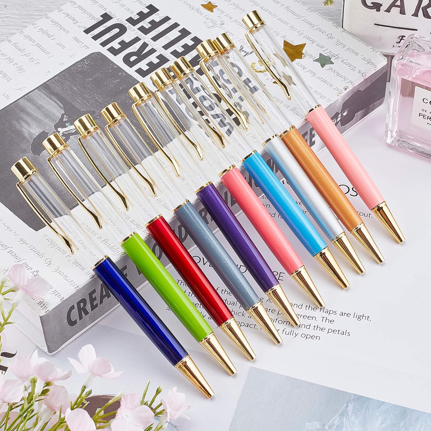 GORGECRAFT 10Pcs Empty Tube Pens Floating DIY Pens Creative Empty Ballpoint Pen Gold Cap for DIY Glitter Epoxy Resin Crystal Ballpoint Pen, 10 Colors