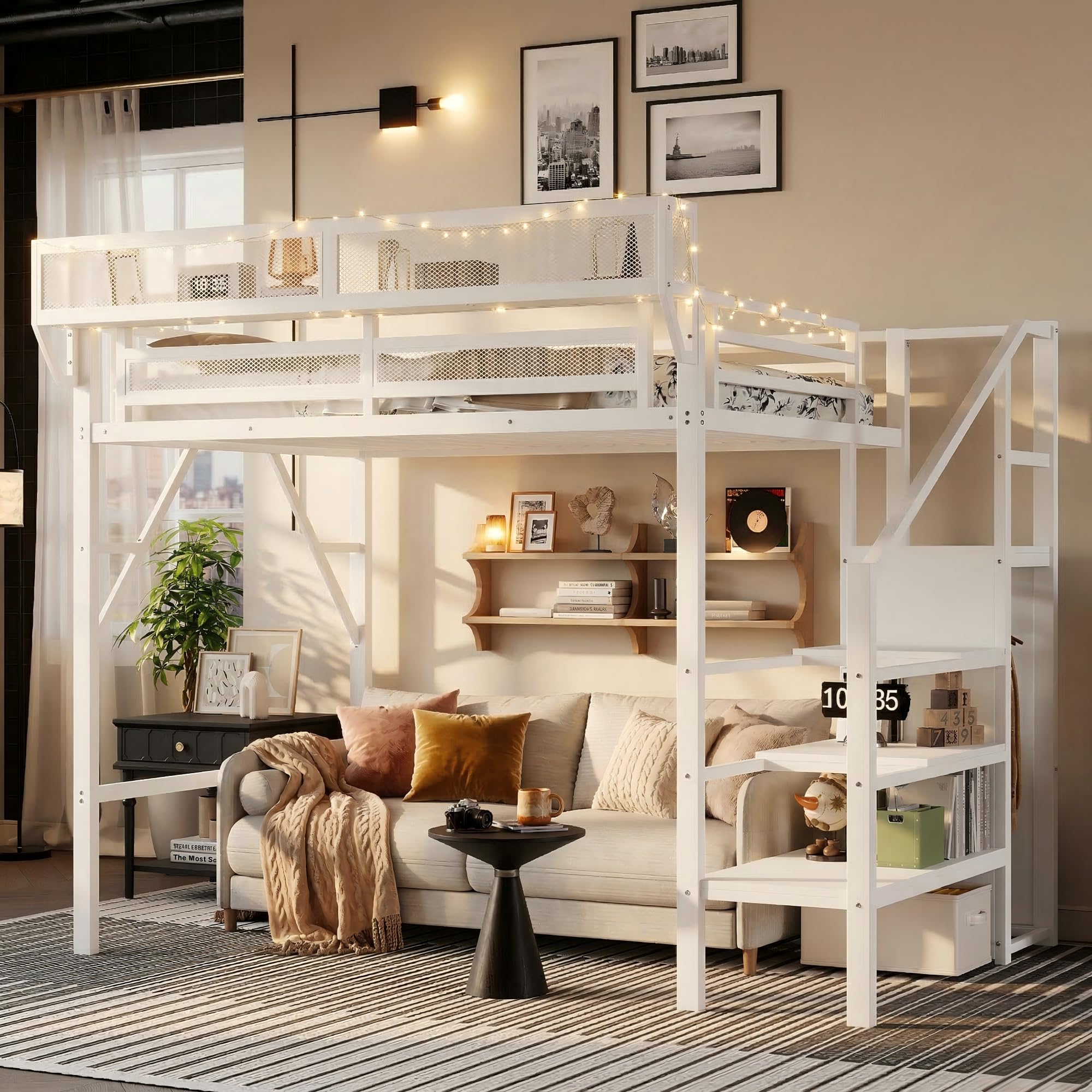 Twin XL Size Loft Bed with Stairs and Storage, Metal Loft Bed Frame with A Shelf and Large Under-Bed Space, Heavy-Duty Loft Beds for Kids Boys Girls Teens Bedroom Dorm, Convertible Staircase, White