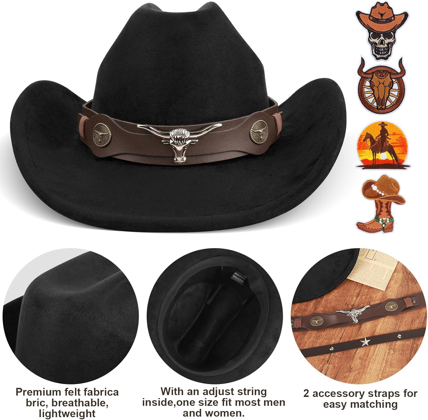 2 Pieces Western Cowboy Hat for Men Women Classic Fedora Hat with 3 Buckle Belt 4pcs - Image 3