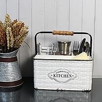 Vista 3 de CVHOMEDECO. Organizador de cubiertos de metal rústico envejecido, soporte para cubiertos, organizador de mesa, acabado esmaltado con mango de madera