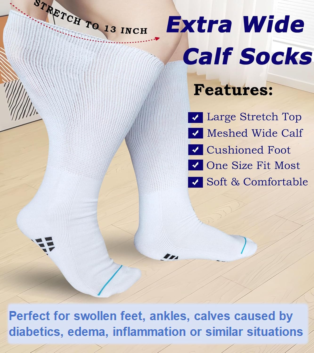 Extra Width Diabetic Socks Non Binding for Swollen Feet,Bariatric,Lymphedema Sox for Men Women Plus Size 2 Pairs - Image 2