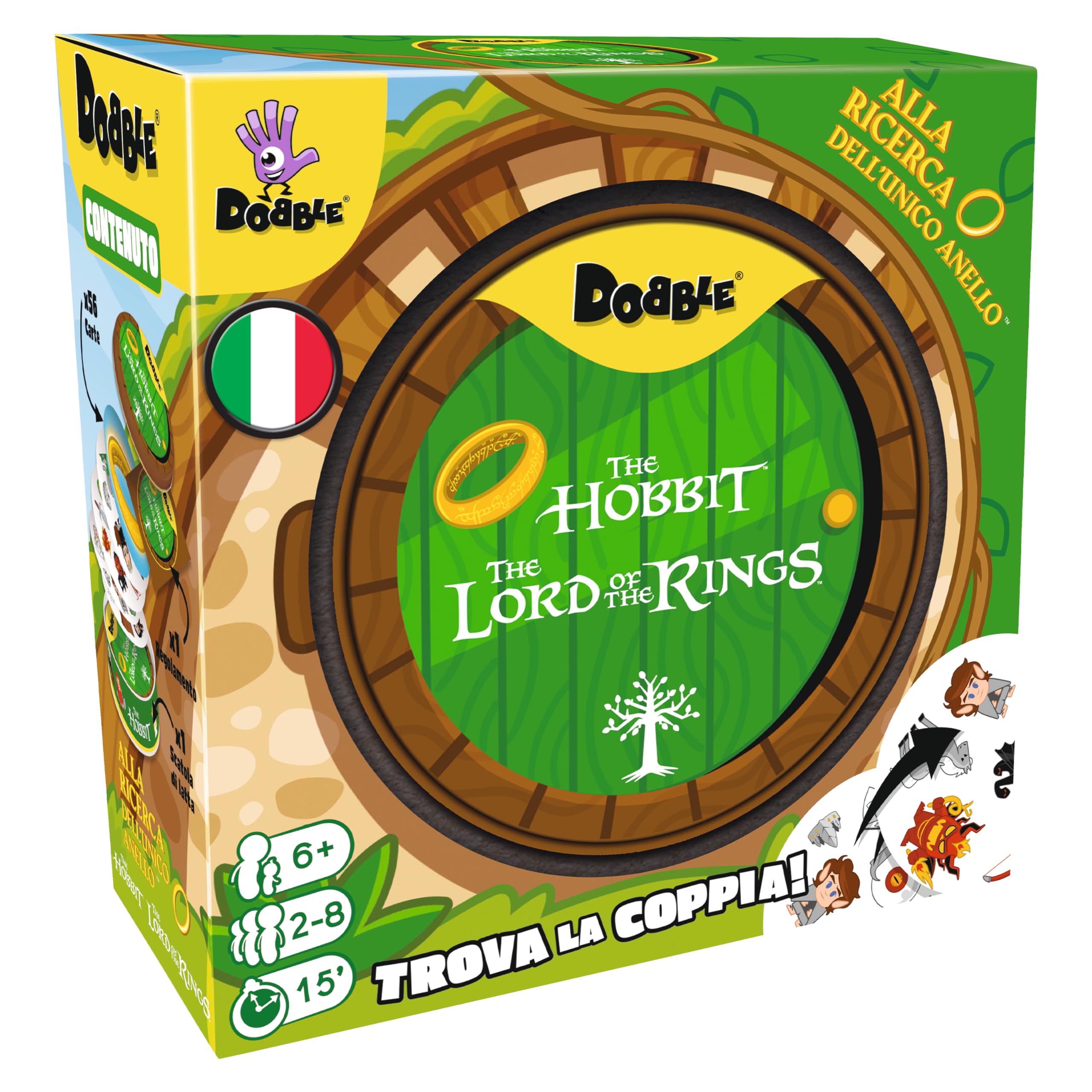 Asmodee – DOBBLE THE LORD OF THE RINGS HOBBIT - Quick and Fun Board Game for Families, Children and Friends - Playing Cards - Gift Idea - 2-8 Players - 6+ Years Old - Italian Edition