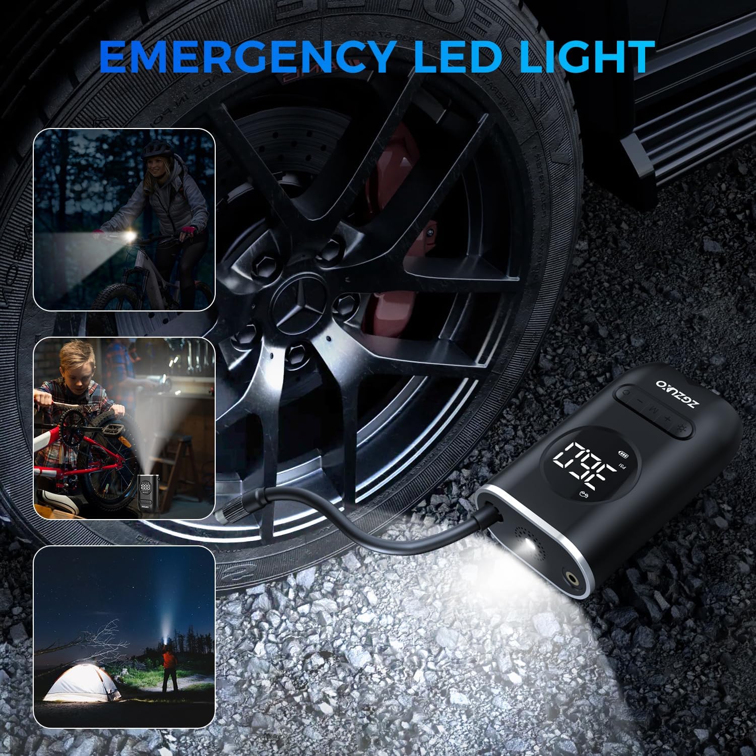 ZGZUXO portable tire inflator with its LED light on, showing various emergency uses like camping and cycling.