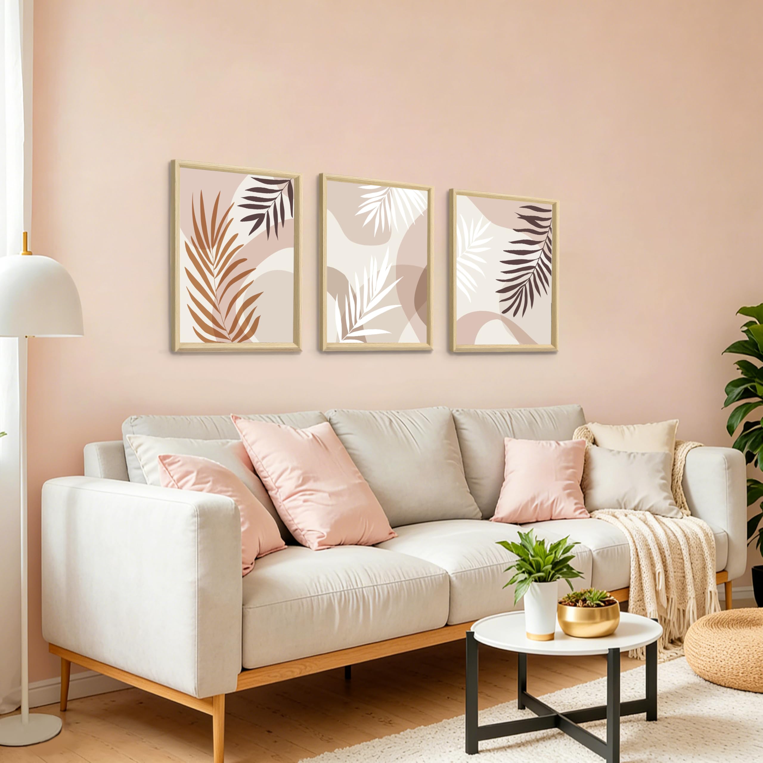 WENGTIAO Leinwand Bilder mit Rahmen Boho Minimalistische Blätter Wandbilder | Beige Kaffee Braun Abstrakt Pflanzen Bild auf Leinwand für Modern Wohnzimmer Schlafzimmer Flur Wanddeko 40x60cmx3