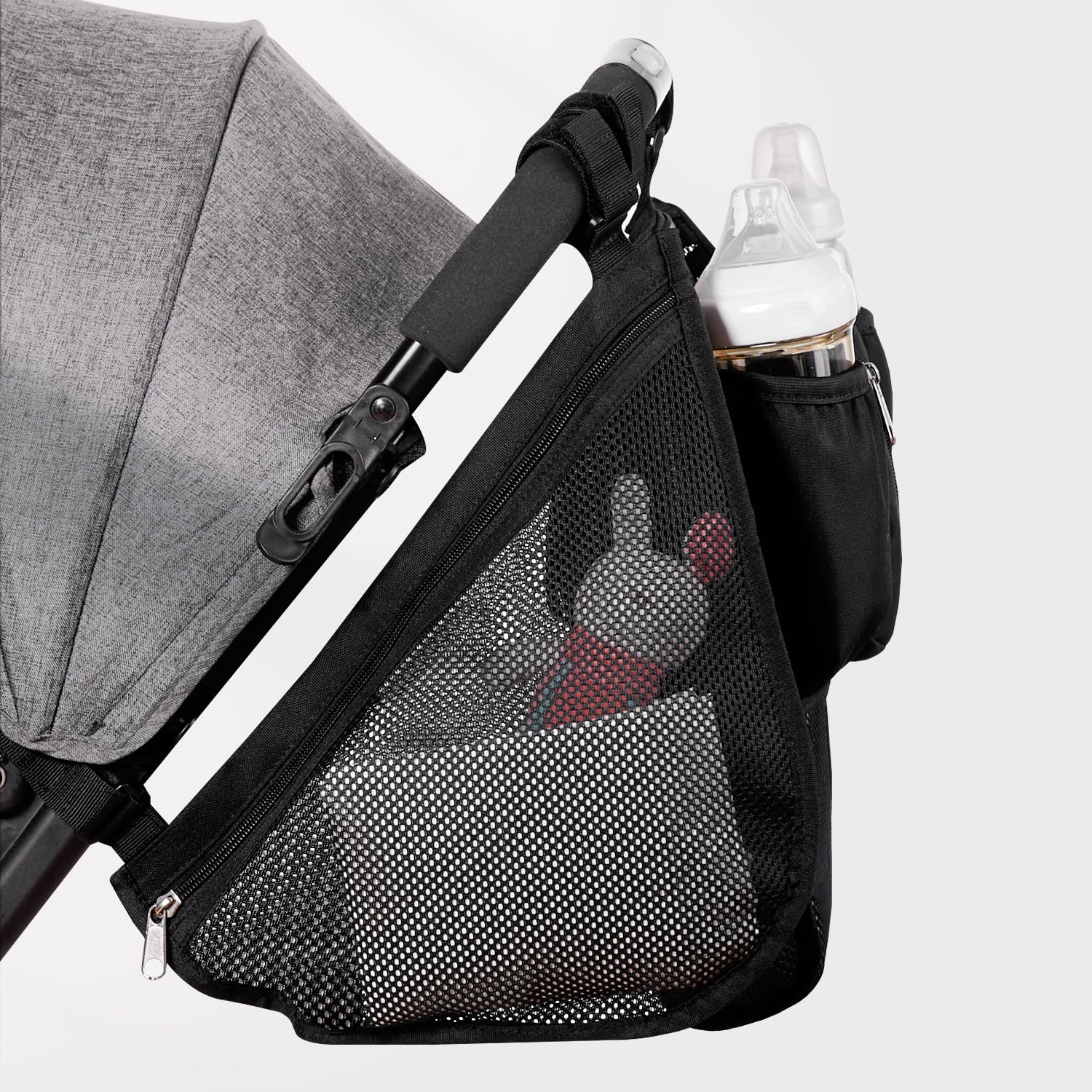 SUNVENO Organizer universale 2 in 1 per passeggino, portabicchieri isolati, tasca per telefono/polso con cerniera, tracolla laterale in rete, cinghie antiscivolo regolabili, si adatta alla maggior