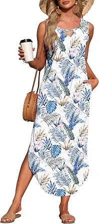 MISFAY Women's Summer Maxi Dress Sleeveless Loose Long Beach Split Dresses with Pockets