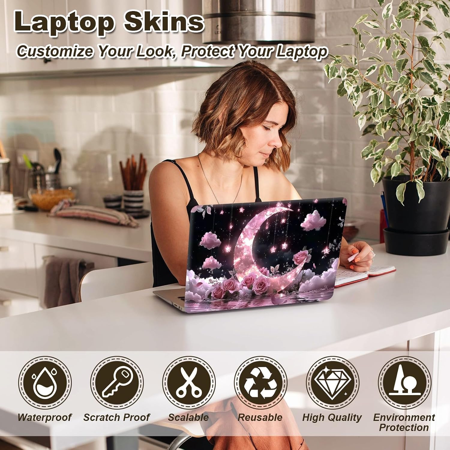 Universal Laptop Skin Sticker, 11-15.6 Inch Reusable Vinyl Laptop Skin Decal, Scratch Resistant Waterproof Cover, Easy to Trim & Apply, Pink Moon Rose