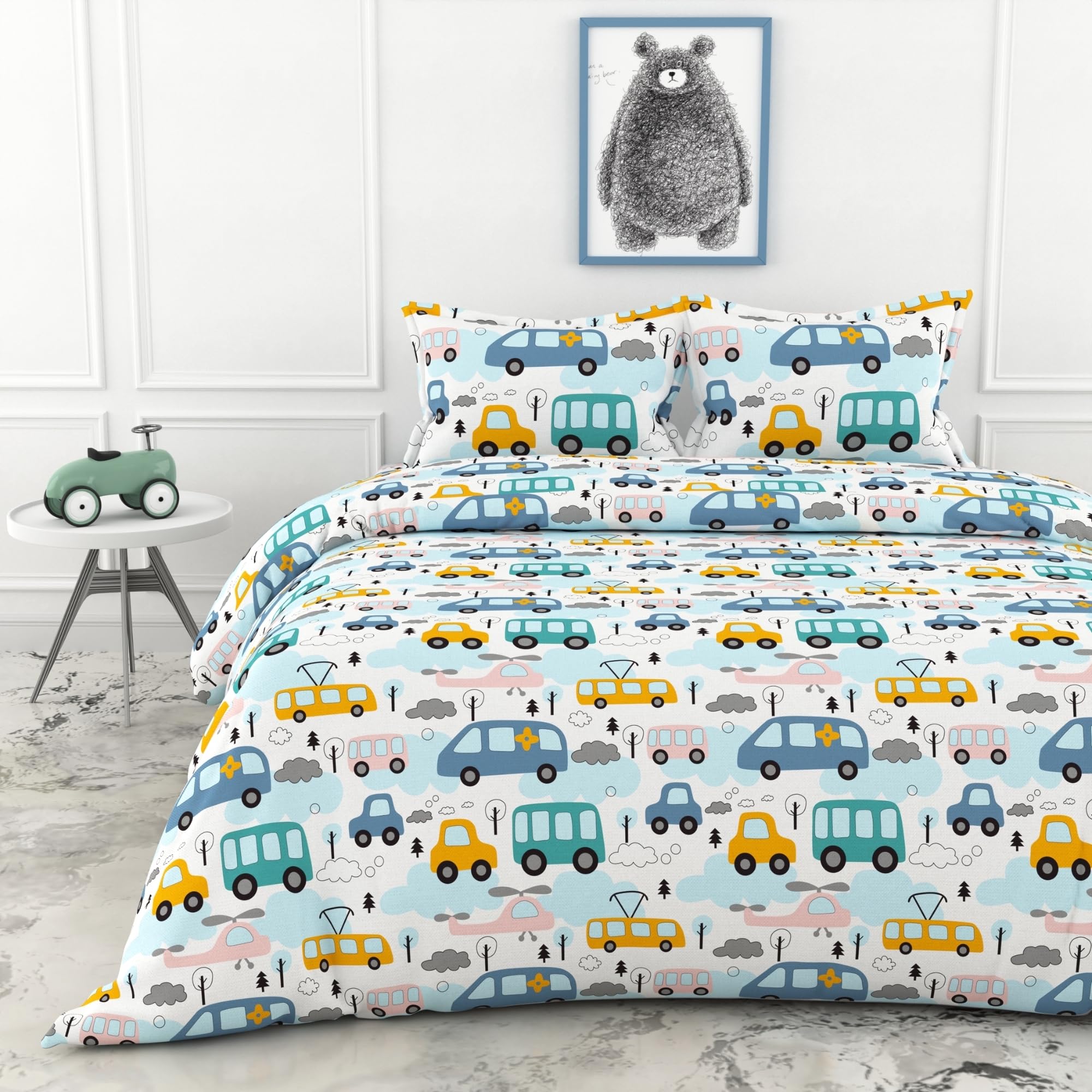 LORETO - A QUALITY LINEN BRAND 100% Cotton King Size Bedsheet with 2 Pillow Covers - Bubblegum Blue Bus & Banana Yellow Cars, Soft & Breathable 144 TC Fabric, Perfect for King Beds