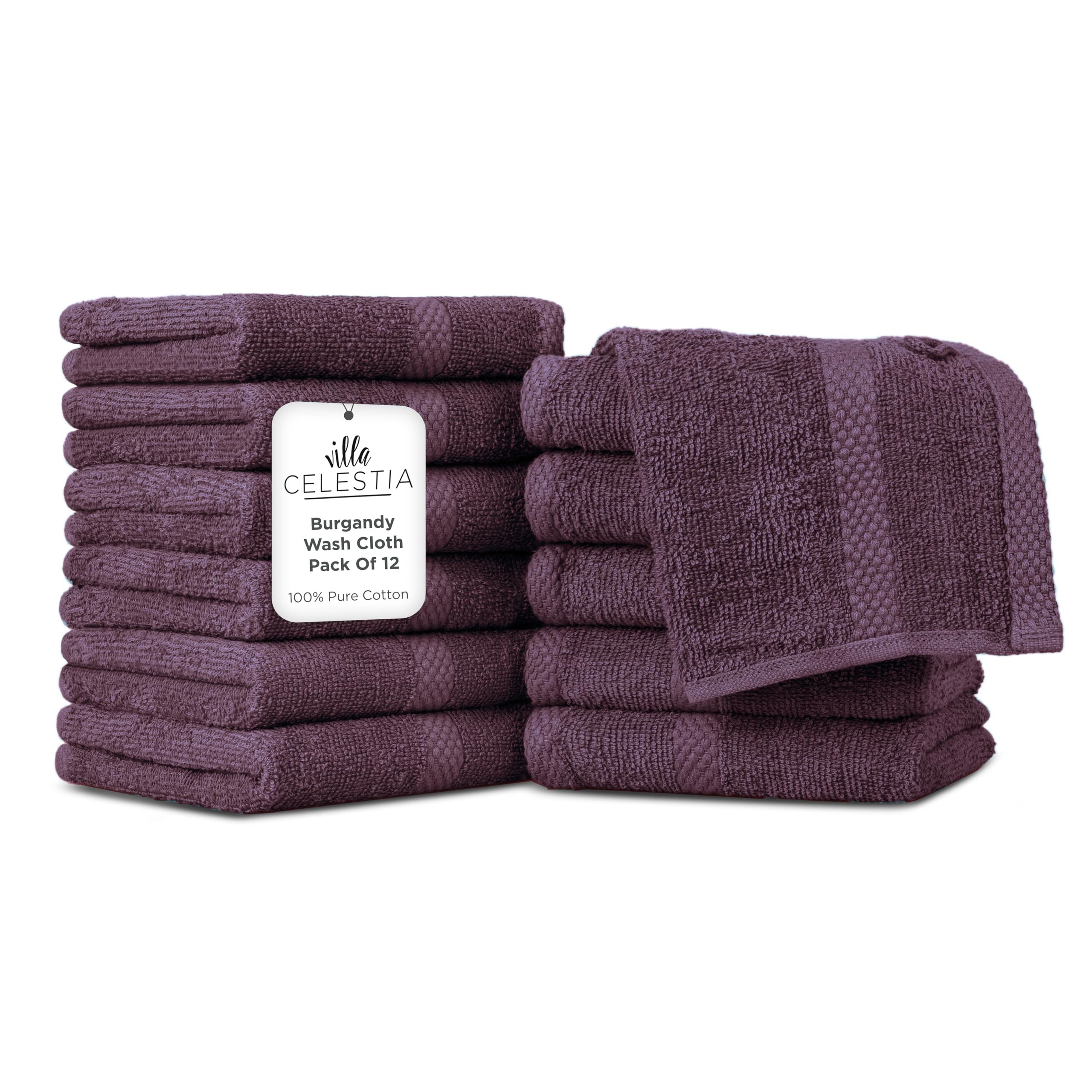 Villa Celestia Cotton Washcloths Set of 12, 12x12 Inch, 100% Ring-Spun Combed Cotton, Soft Absorbent Quick-Dry Wash Cloths for Face and Body, Oeko-TEX Certified, Hotel &amp; Spa Quality, Burgandy