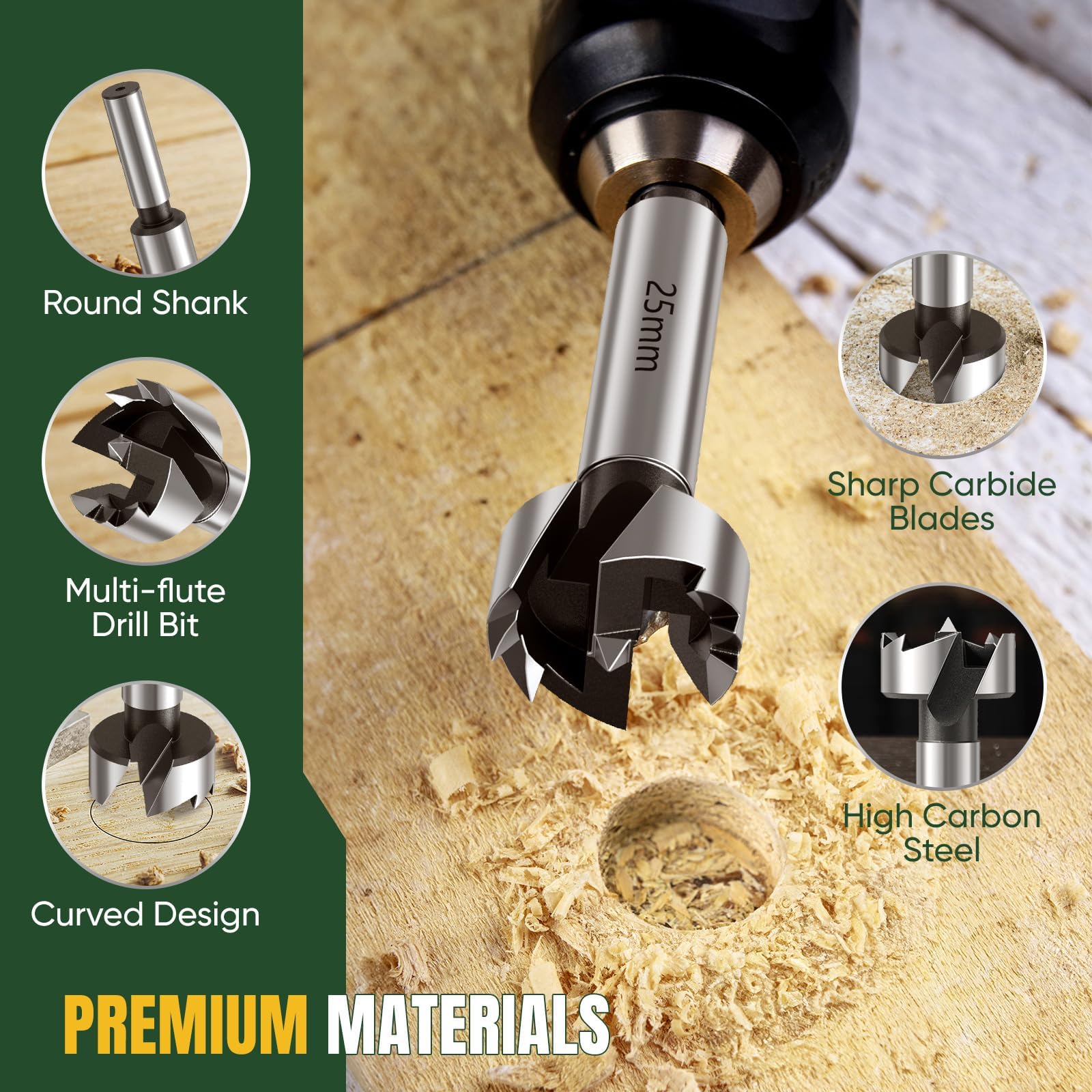 WildFun Set di punte Forstner 16 pezzi, punte Forstner di alta qualità per la lavorazione del legno, foratura del legno con gambo rotondo, accessori per trapano, Ø6-54mm con custodia