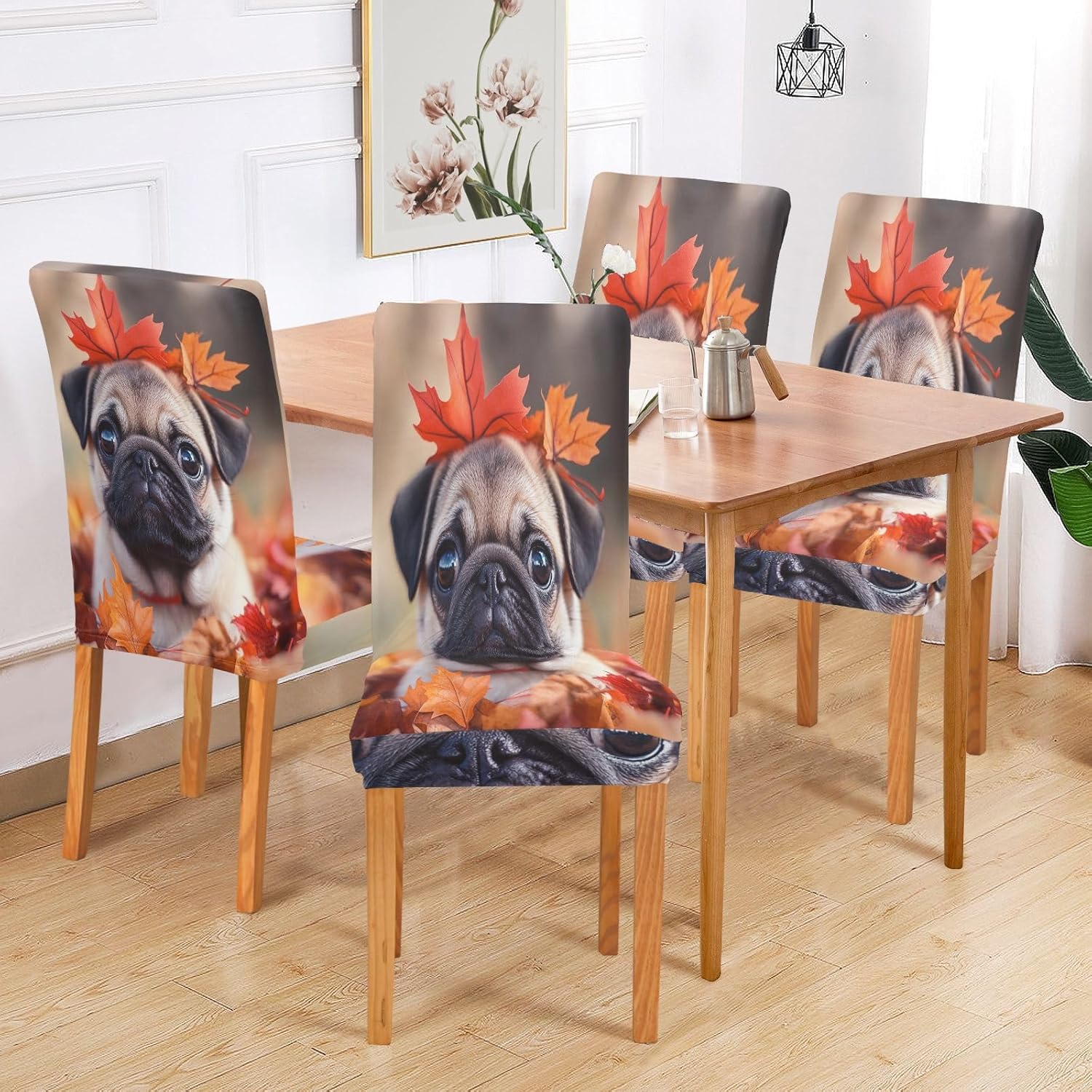 ALAZA Chair Covers for Dining Room, Pug Puppy Dog Maple Leaves Stretch Chair Cover Sets Chair Protector Removable Washable for Ktichen Restaurant Hotel