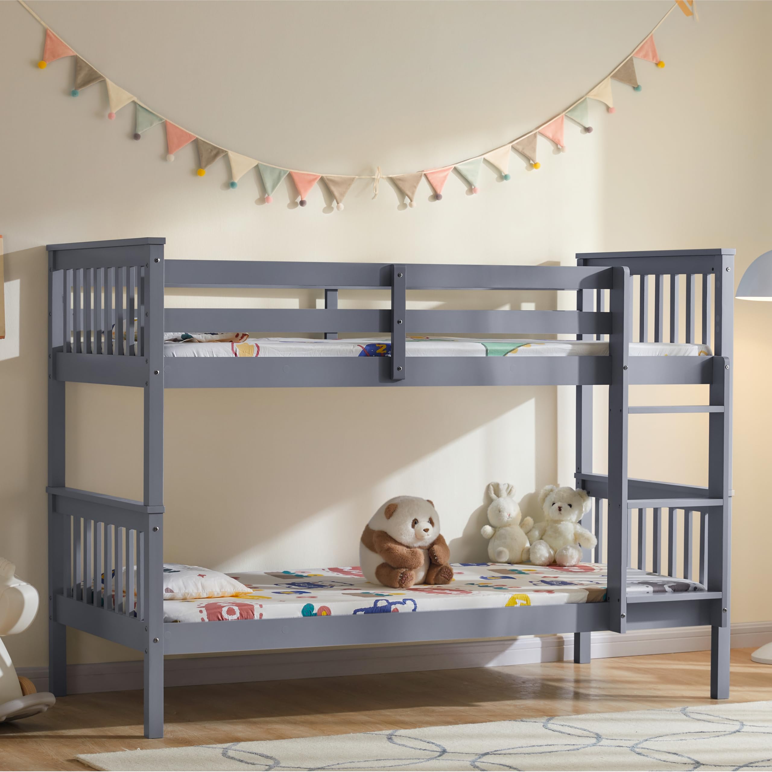 Vida Designs Milan Bunk Bed With Ladder, Kids Twin Sleeper, Solid Pine Wood Frame, Children's, Single 3 Foot, Grey