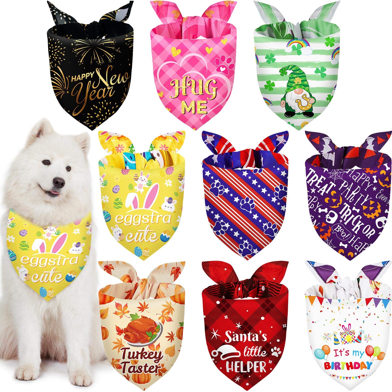 Weewooday 9 Pcs Holiday Dog Bandanas Easter Bandanas Patriotic Birthday Scarf Adjustable Large Pet Washable Scarves for Large