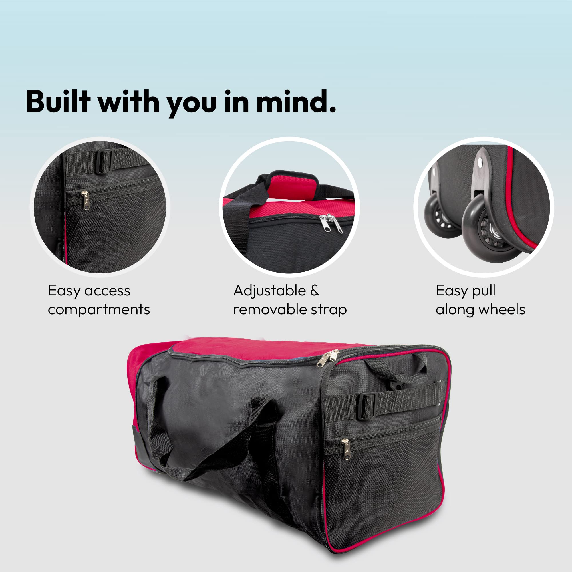 iN Borsa da viaggio pieghevole con ruote in plastica. Utilizzare come valigia leggera o zaino. Ideale per viaggi, kit sportivi e attrezzature. Nero/rosso, Borsone grande con ruote