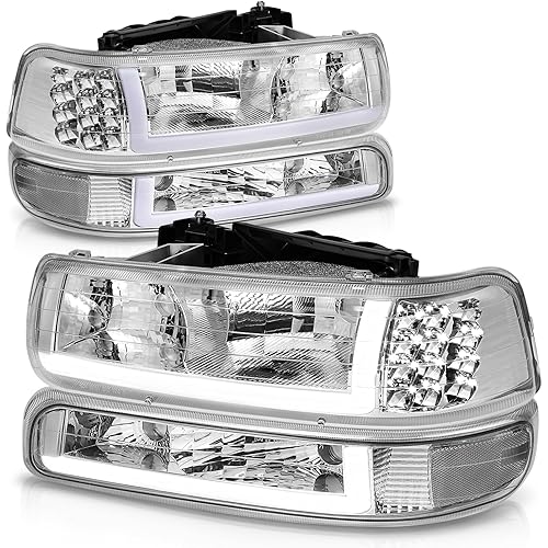 Auto Dynasty 4PCS LED DRL Headlights Assembly and Bumper Lamps Compatible with Chevy Silverado Suburban 1500 2500 3500 Tahoe 99-06, Driver and Passenger Side, Chrome Housing Clear Corner