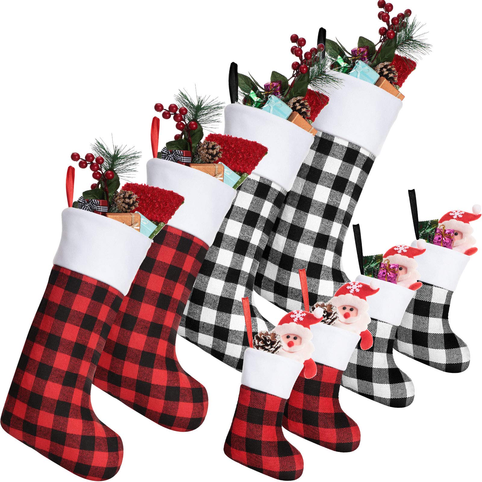 8 Piece Plaid Christmas Stockings, 17 Inch and 7 Inch Classic Buffalo Black White Red Plaid Christmas Stocking Fireplace Hanging Stocking Ornament with Plush Cuff for Christmas Holiday Party Decor