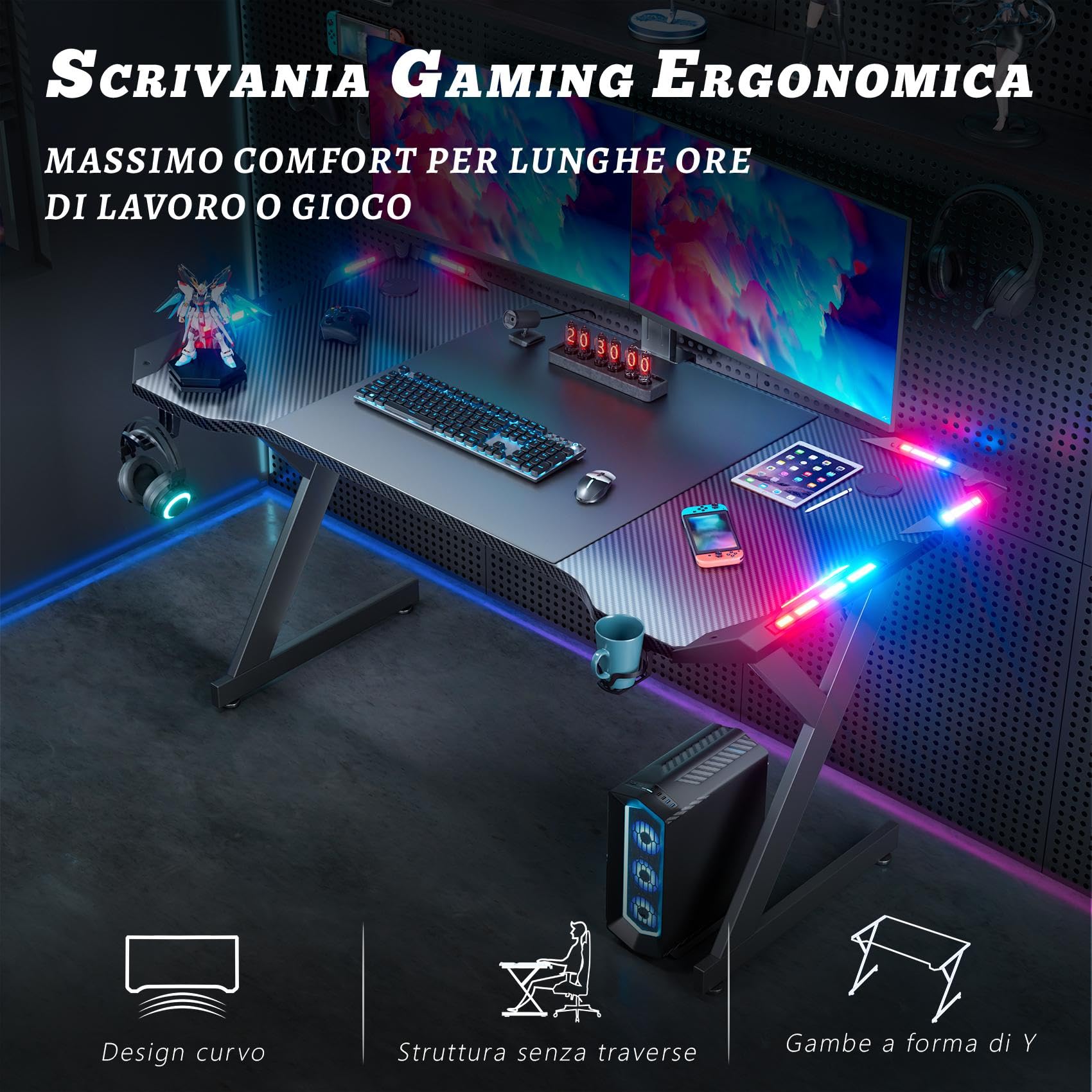 HLFURNIEU Scrivania Gaming LED 120 x 60 cm, Scrivania Gamer con Piano in Fibra di Carbonio, Postazione Gaming Ergonomico con Porta Bicchiere e Gancio per Casco, Tavolo Computer Nero