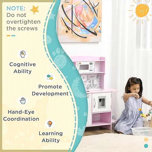 Miniatura 5 de Qaba Juego de juguetes de cocina para niños con diseño realista, luces de estufa, almacenamiento, dispensador de agua, para niños de 3 a 6 años,