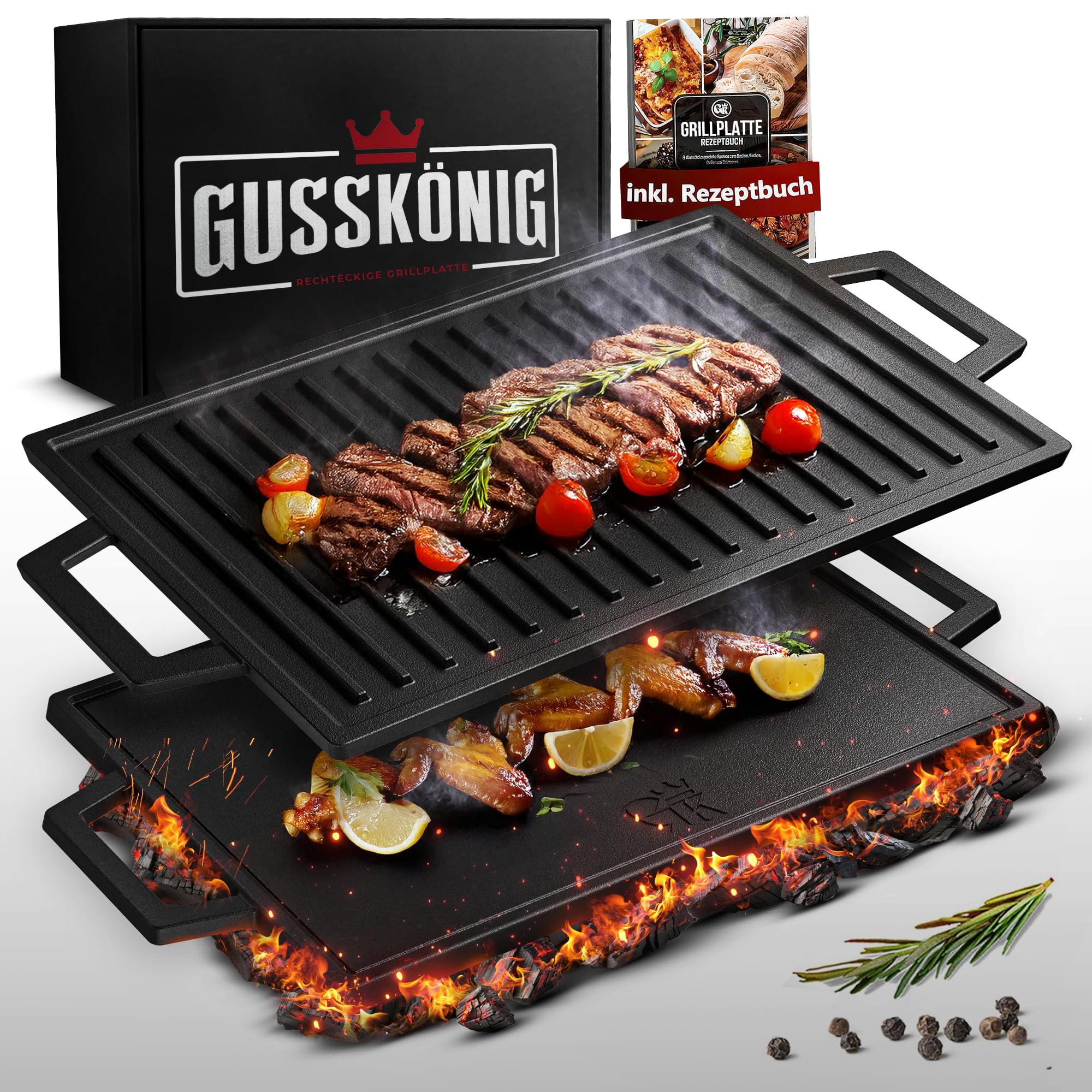GUSSKÖNIG Gusseisen Grillplatte - 33cm Wendeplatte für Gasgrill, Induktion, Herd & Backofen - Grillplatte Induktion Gusseisen, GussGrillplatte, Cast Iron Grill Plate - inkl. Rezeptbuch