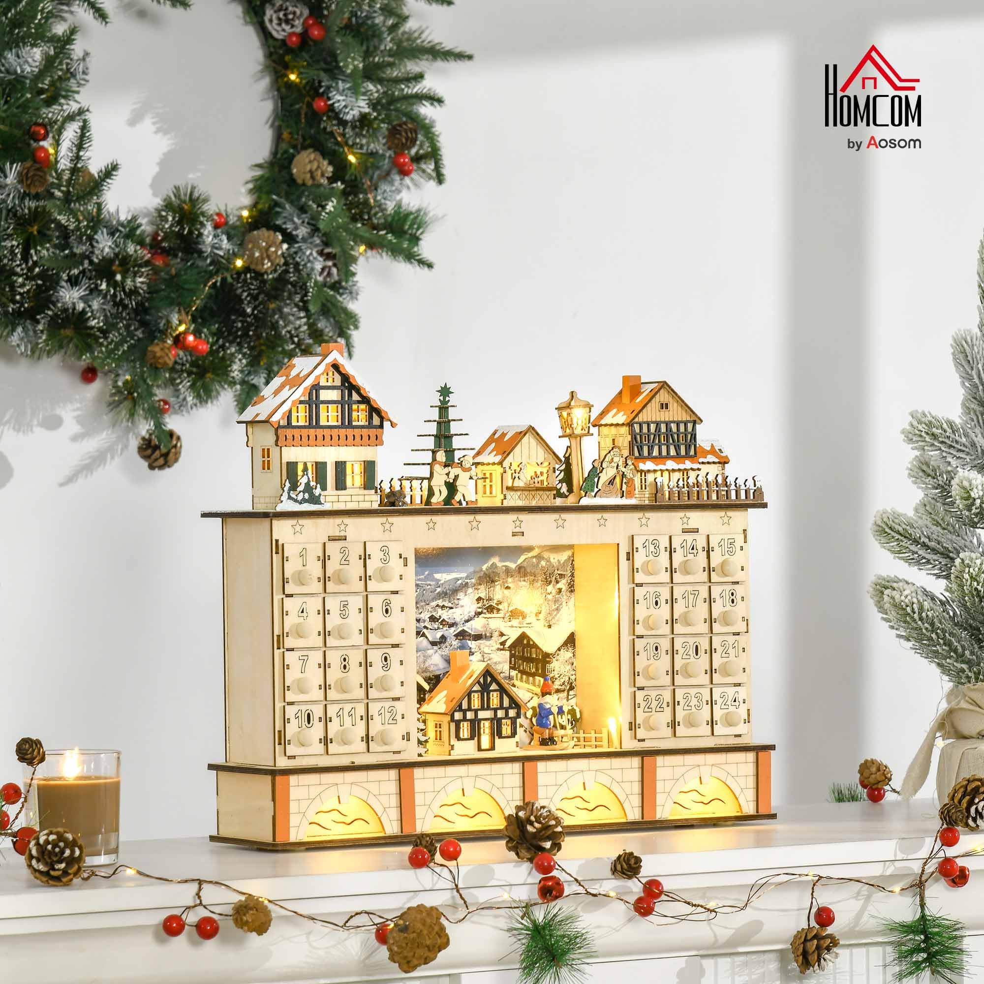 HOMCOM Calendario de Adviento para Llenar Calendario de Adviento de Madera con Luces y 24 Cajones de Cuenta Regresiva Juguetes para Niños y Adultos 44x10x37 cm Natural