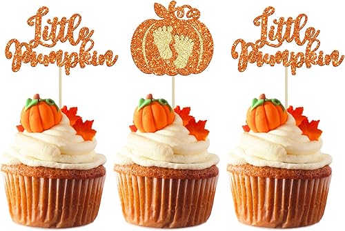 24 piezas de decoración de cupcakes de calabaza con purpurina para cupcakes de calabaza pequeña, decoración de baby shower, temática de cosecha de