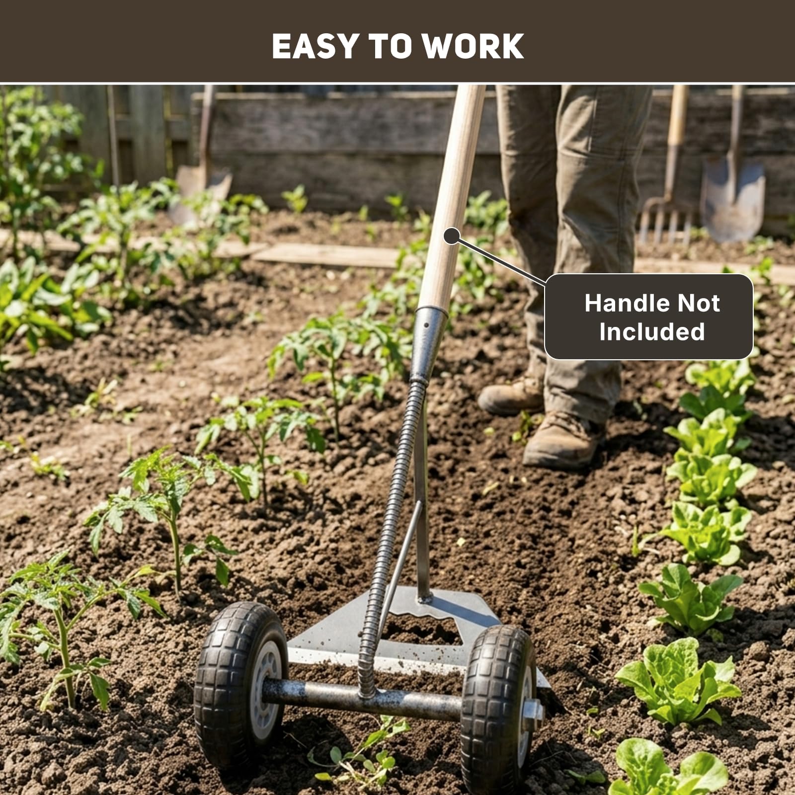 Cabezal de azada de jardín con ruedas manual, cultivador multifuncional y aflojador de suelo | Herramienta de acero al manganeso resistente para zanjas, accesorio con ruedas de rodamiento (solo herramienta, sin asa)