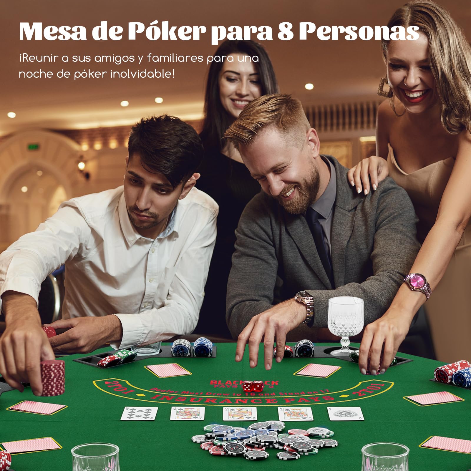 COSTWAY Mesa de Póker Plegable para 8 Jugadores, Tablero Portátil con Bolsa de Transporte, Bandejas para Fichas, Tapete de Póker con Alfombrilla Antideslizante para Juegos de Casino y Familia