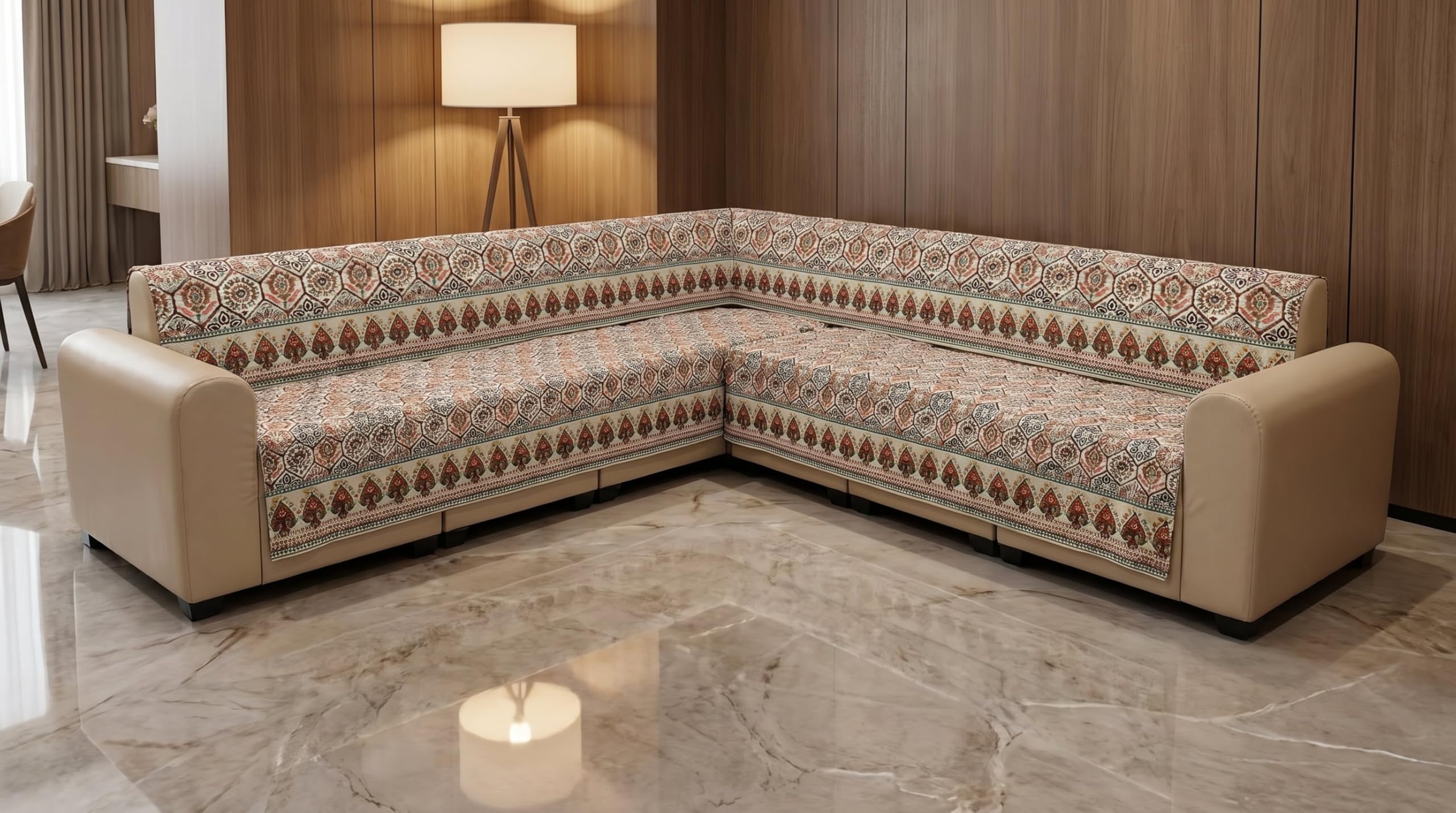 KINGLY Sofa Cover L Shape 7 Seater Fully Covered - Ivory Moroccan Hexagon 4+3 Seater (7 Seater) Quilted Sofa Cover Set Pack of 5, Washable, Ivory Rust-image-1