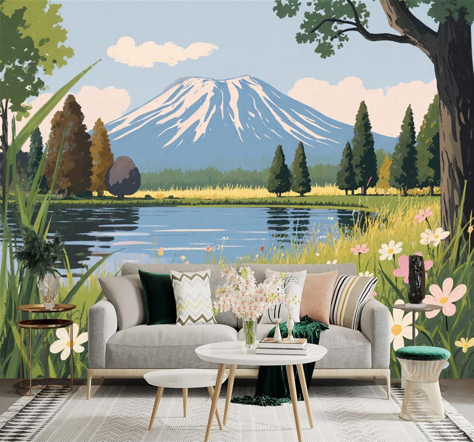 XLMING Fresh Snow Capped Mountains Lakes Pine Trees Flowers 3D Wallpaper Premium Textured Silk Study Dining Living Room Bedroom Sofa TV Wall Easy Install-430cm×300cm