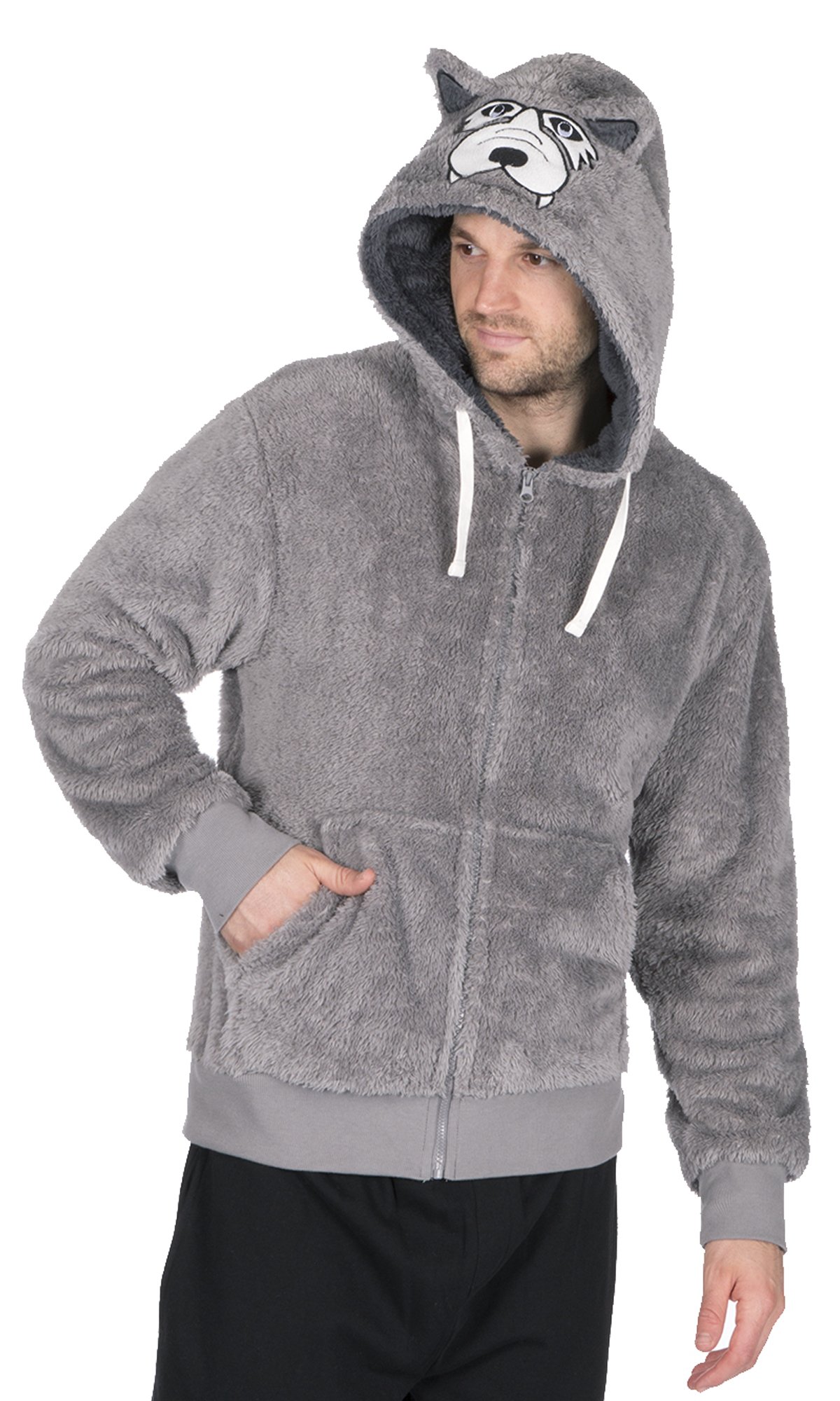 Mens Hooded Fleece Snuggle Top Bed Jacket Fun Novelty Animal Designs with Zip
