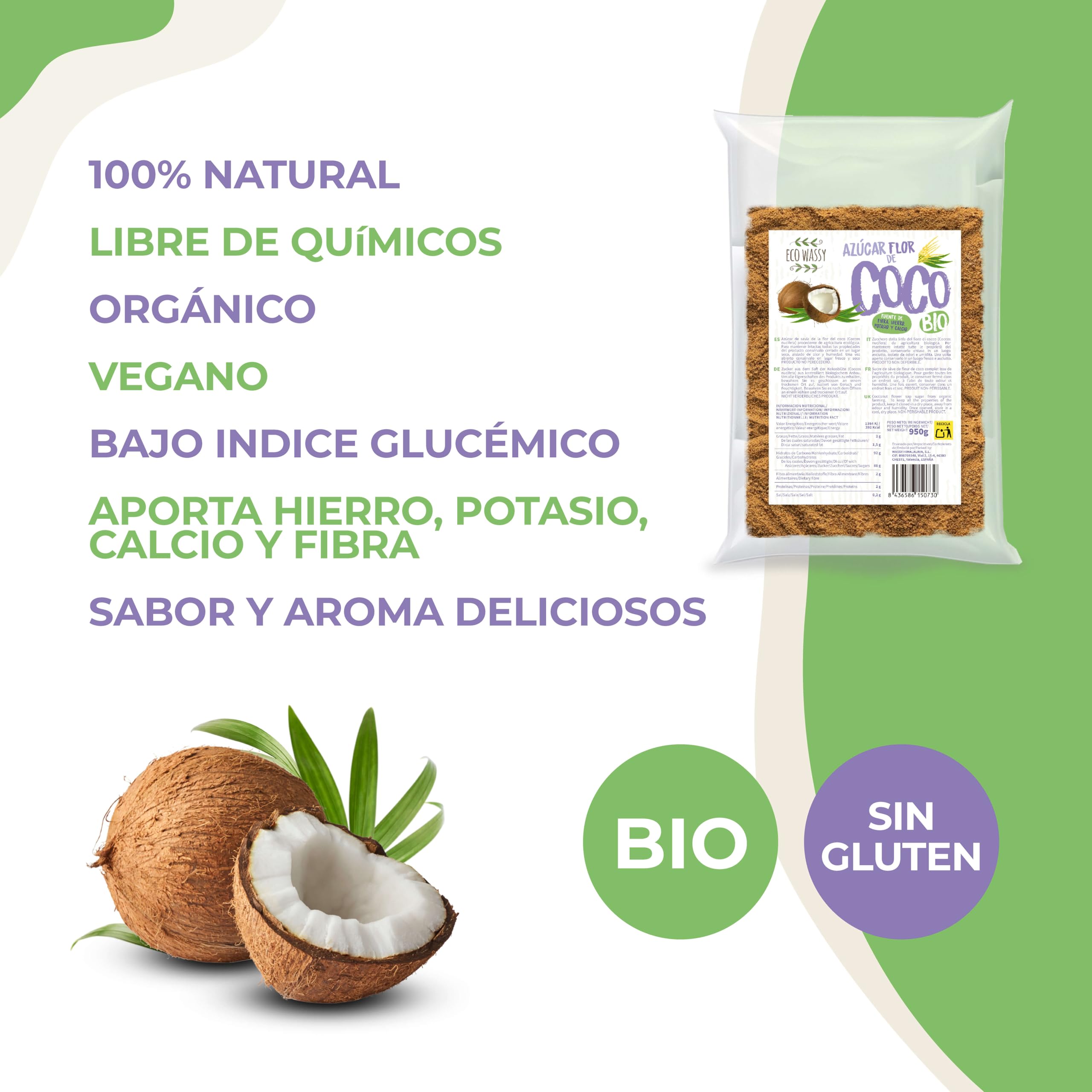 Azúcar De Flor de Coco Orgánico 950g Sin Gluten Bajo Índice Glucémico Vegano