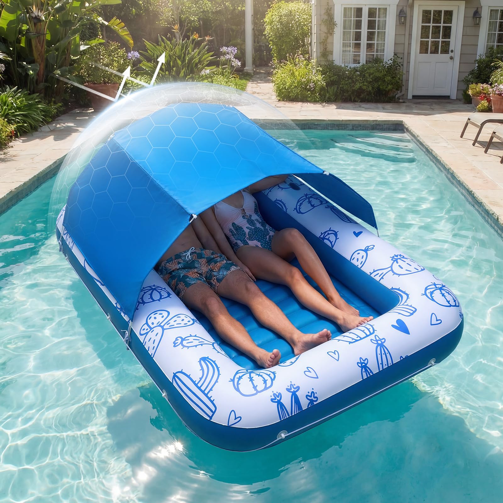 VEVOR Flotador Inflable para Piscina con Toldo 209x140cm, Colchón Hinchable para Tomar Sol para Adultos, Capacidad de 250kg, con Almohada, Soporte para Teléfono y Portavasos para Disfrutar del Agua