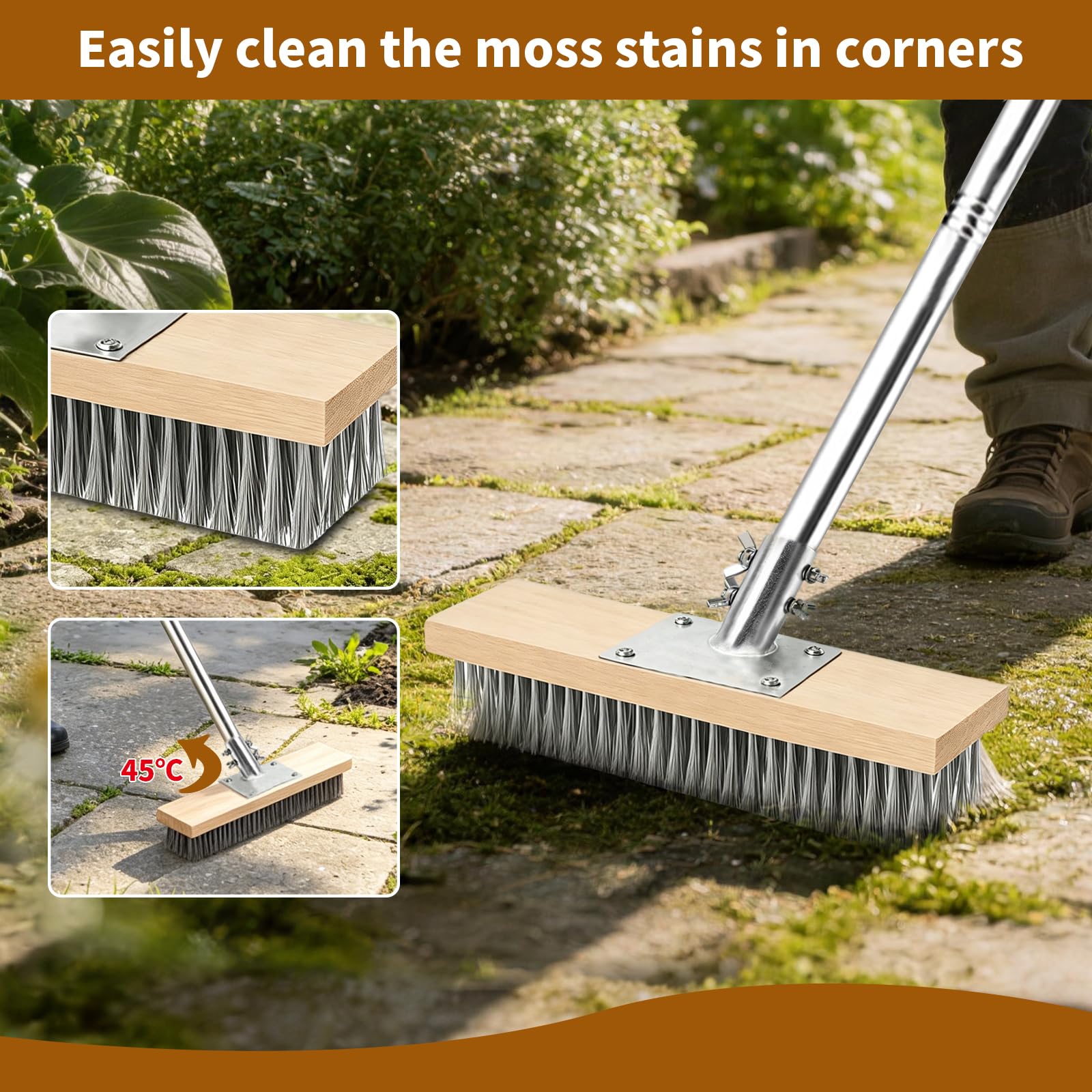Balai Métallique Robuste avec Manche Télescopique 150cm, Brosse 40cm en Acier pour Enlever Mousse et Mauvaises Herbes, Nettoyage Puissant pour Terrasse, Jardin et Piscine (40 cm)